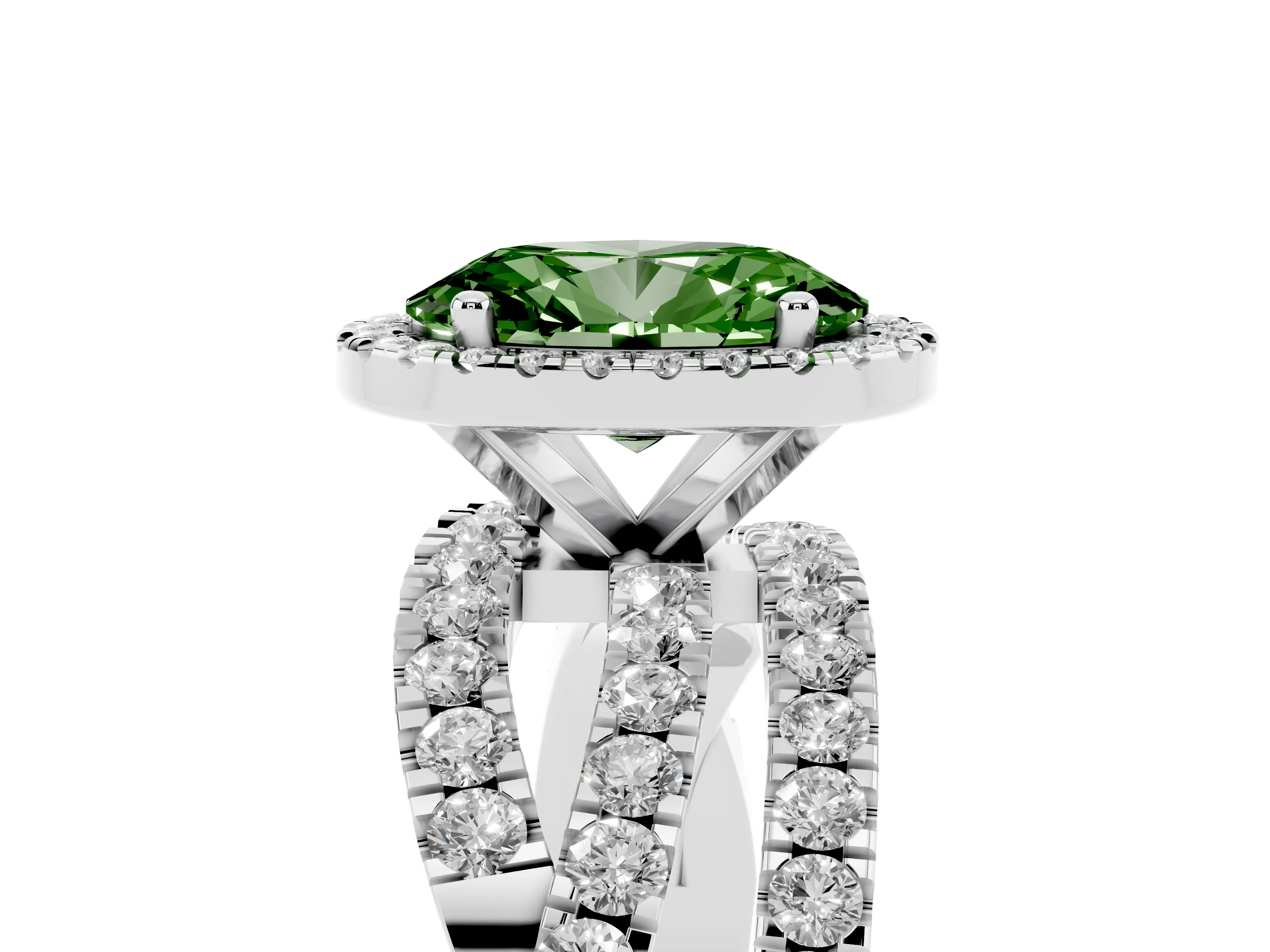 Fancy Green Oval Cut Diamond Halo Ring Set in Platinum with Round Crossover Split Shank and Prong Setting