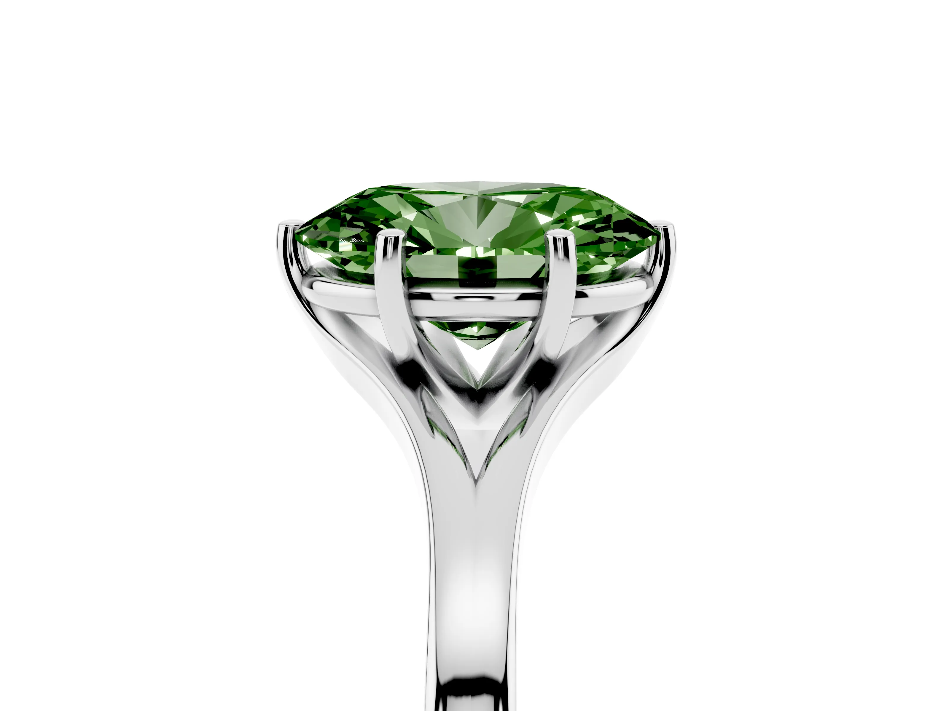 Fancy Green Oval Cut Diamond Solitaire Ring Set in Silver with Polished Tapered Band and Prong Setting