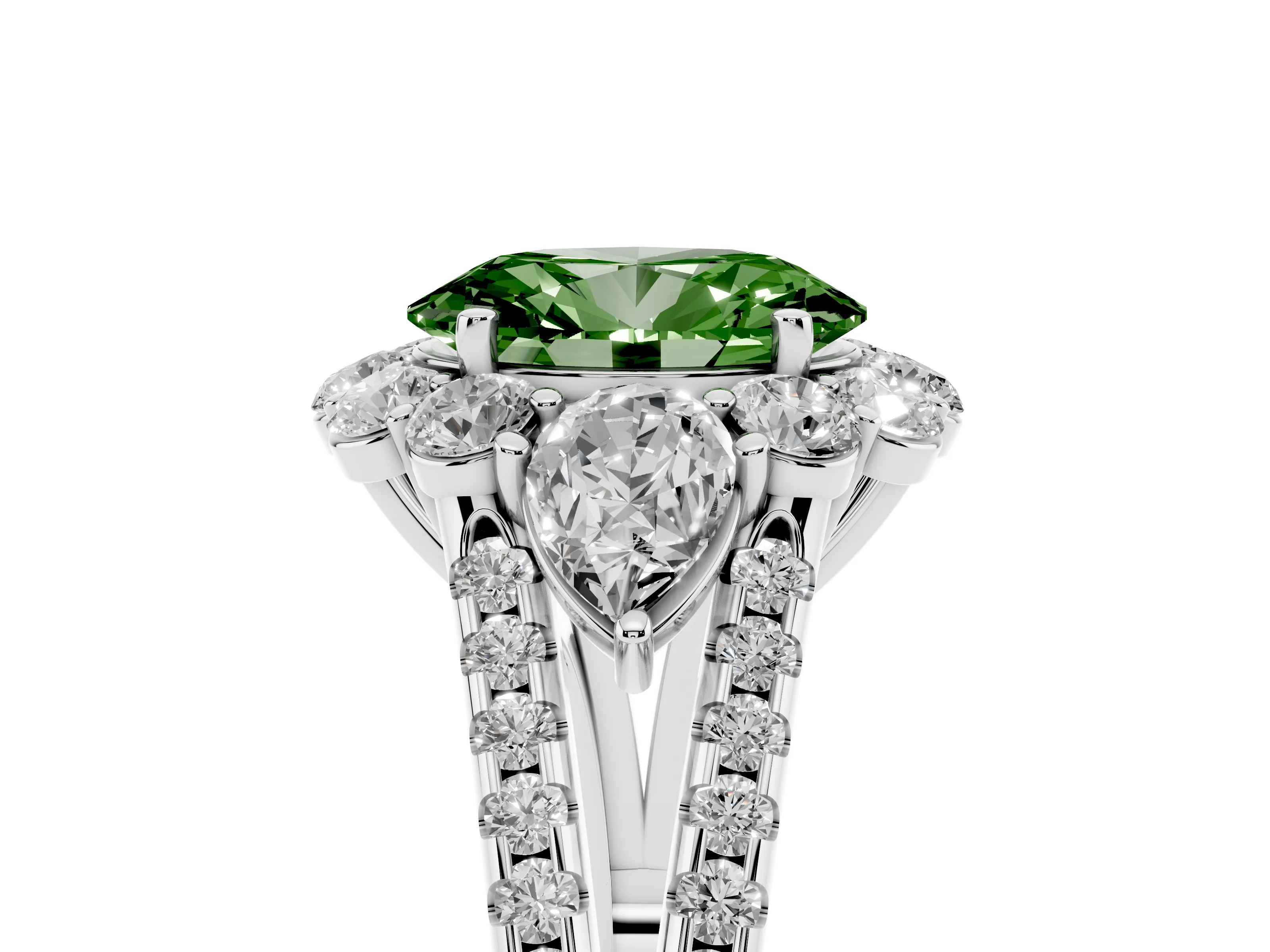 Fancy Green Oval Cut Diamond Halo Split Shank Engagement Ring Set in Platinum with Prong-Held Center Stone