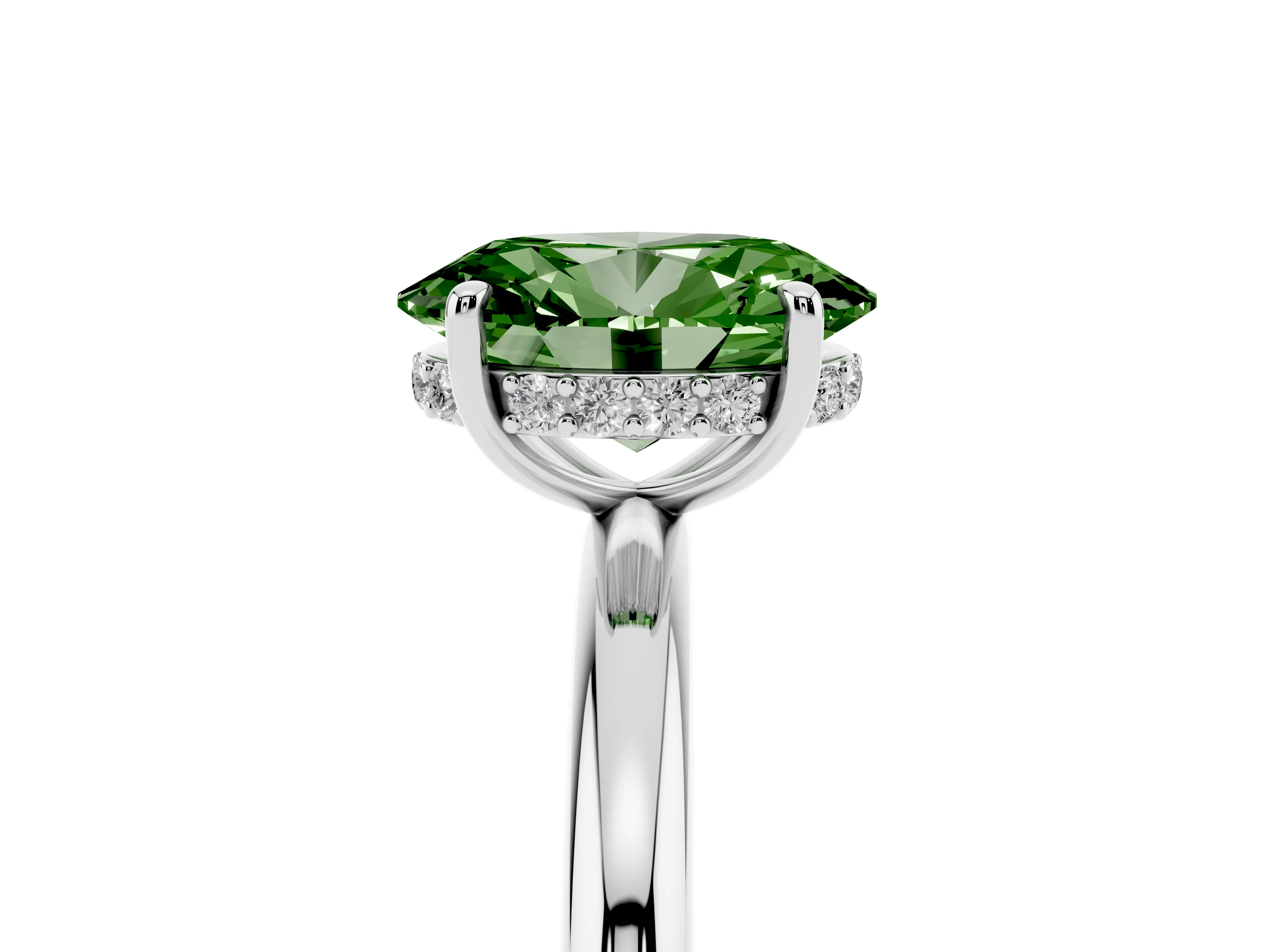 Fancy Green Oval Cut Diamond Solitaire Ring Set in Platinum with Thin Band and Prong Setting