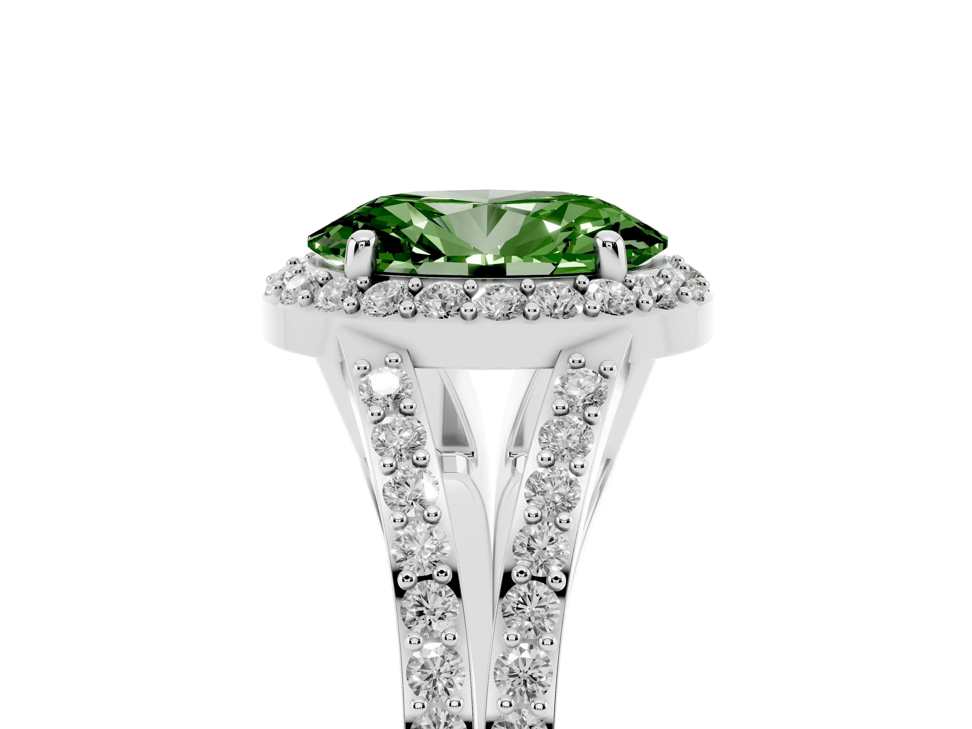 Fancy Green Oval Cut Diamond Halo Split Shank Ring Set in White gold with Accent Stones and Prong Setting