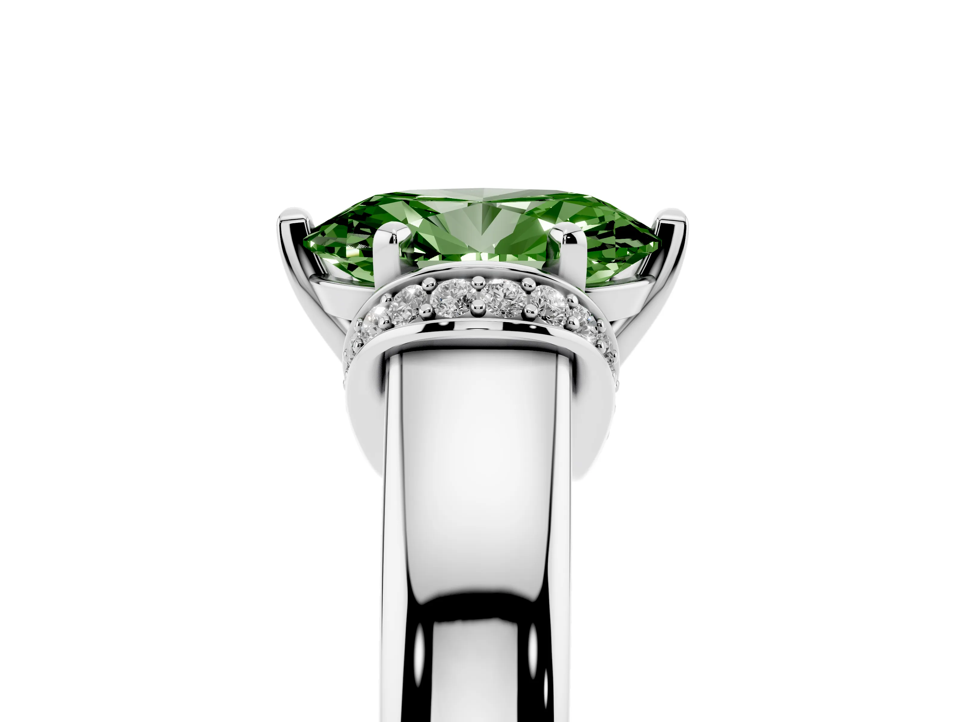 Fancy Green Oval Cut Diamond Pavé Band Solitaire Ring Set in Silver with Prong Setting