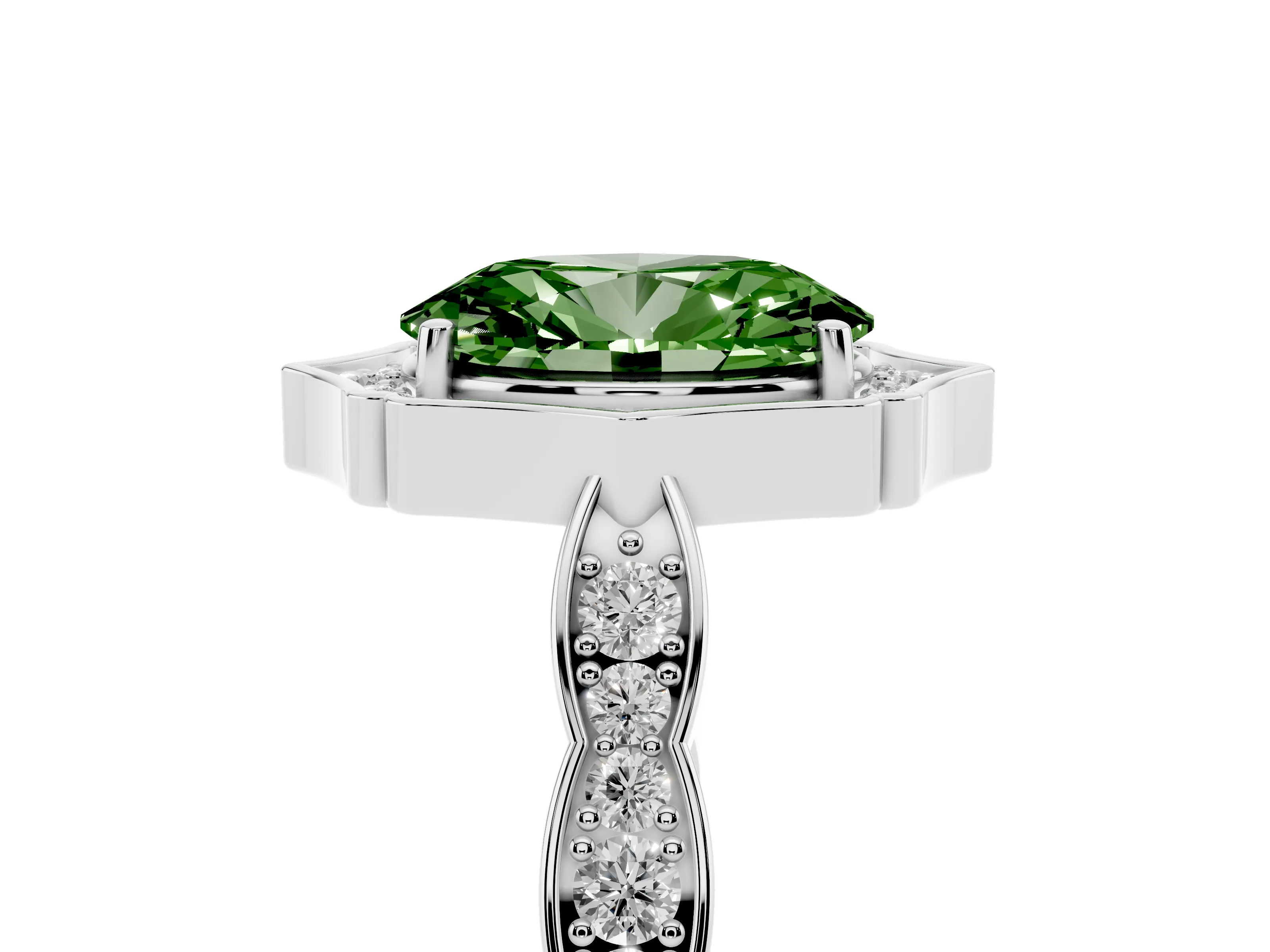 Fancy Green Oval Cut Diamond Halo Engagement Ring Set in White gold with Milgrain Band and Prong Setting