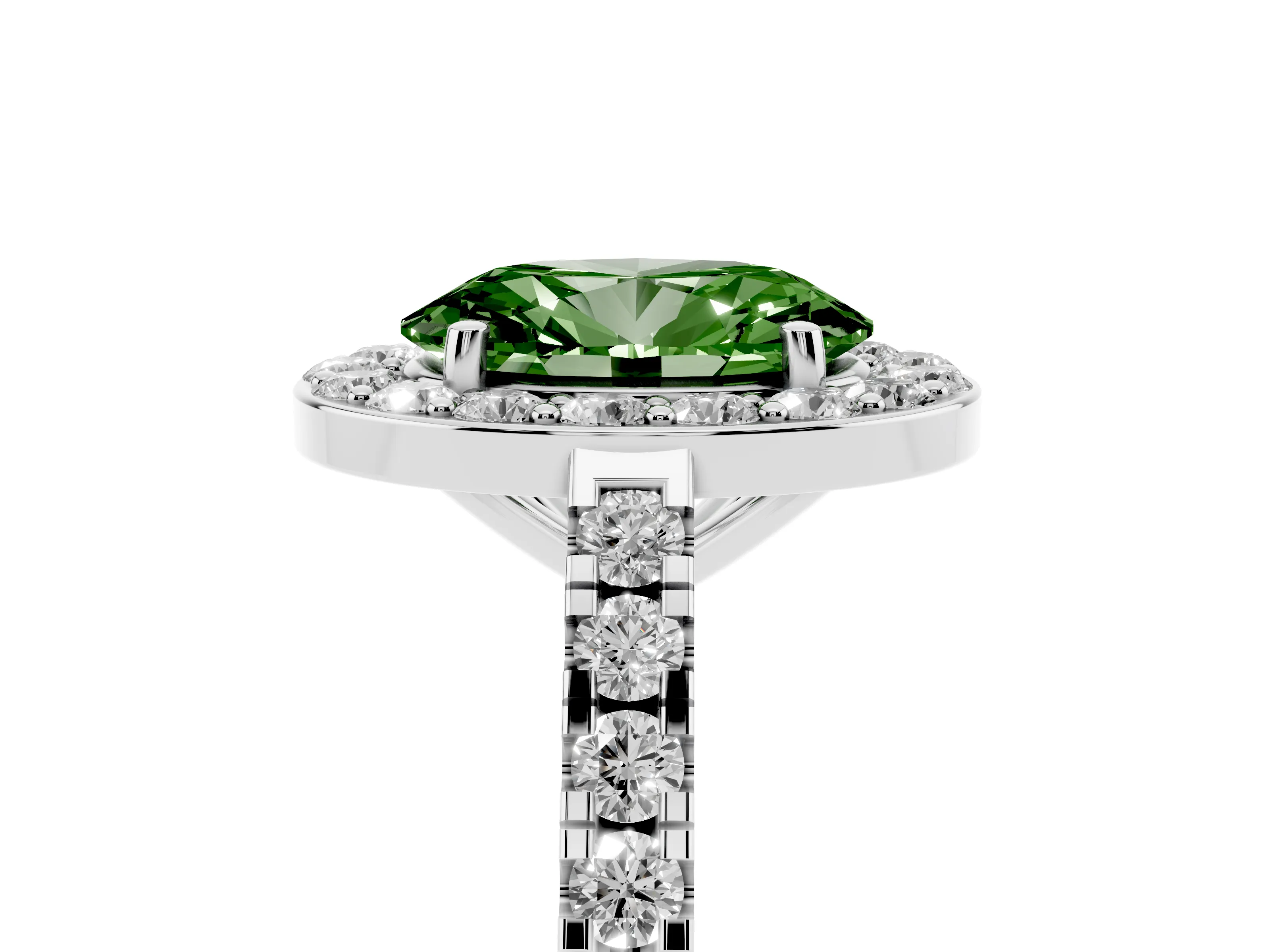 Fancy Green Oval Cut Diamond Halo Ring Set in Silver with Round Pavé Split Shank and Prong Setting