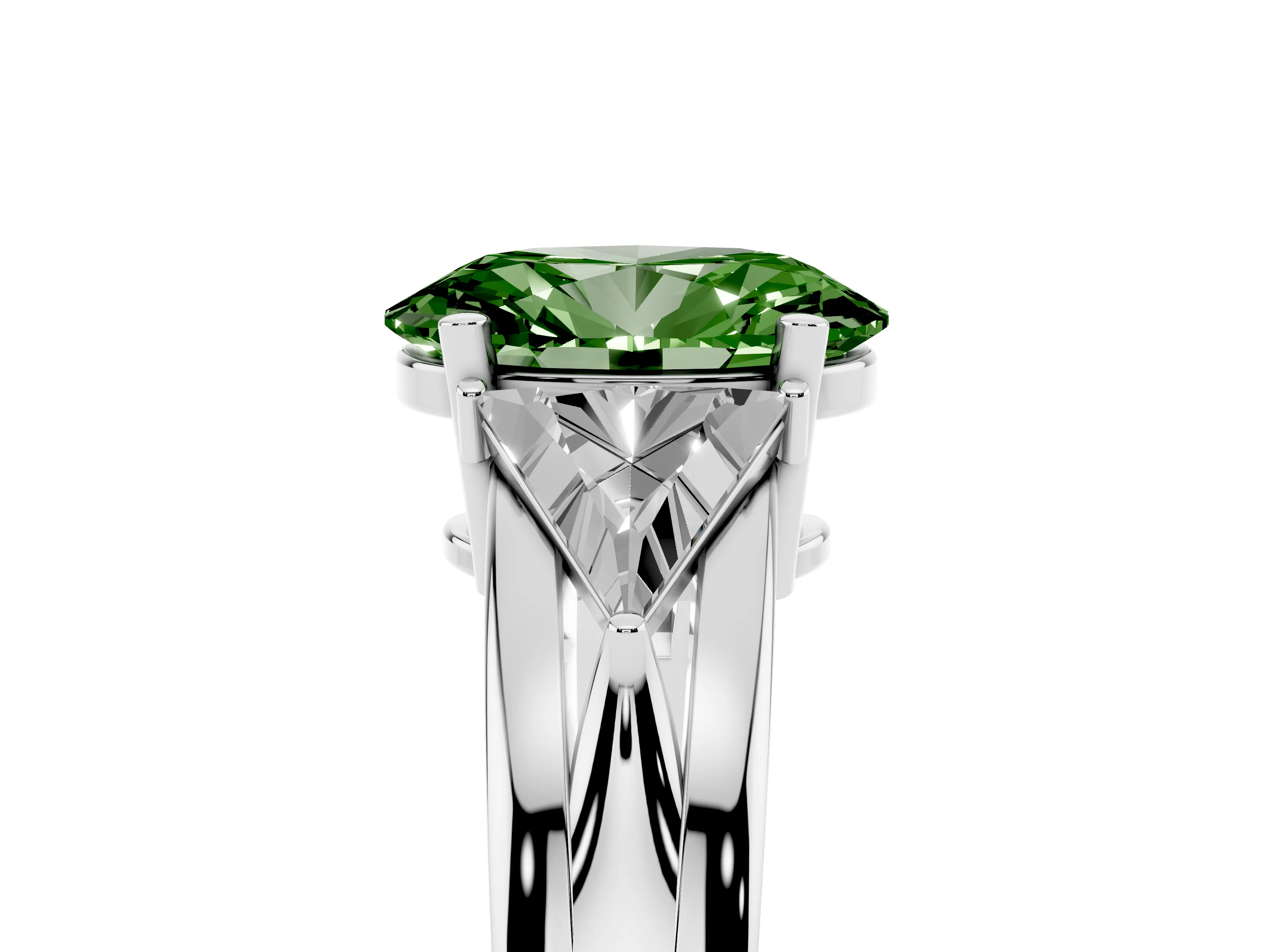 Fancy Green Oval Cut Diamond Three-Stone Ring Set in Silver with Trillion Side Stones and Split Shank