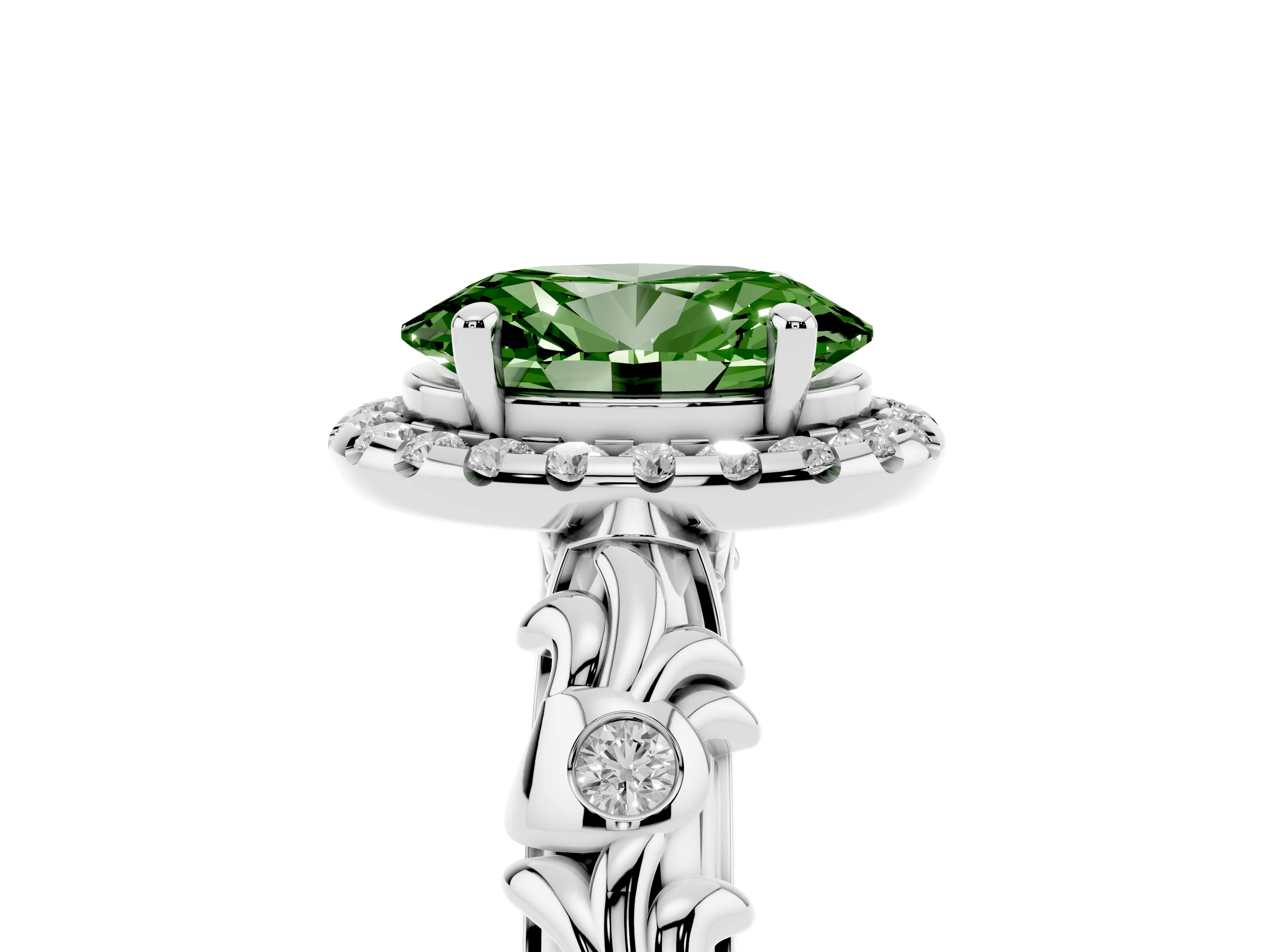 Fancy Green Oval Cut Diamond Halo Ring Set in White gold with Filigree Leaf Band and Prong Setting