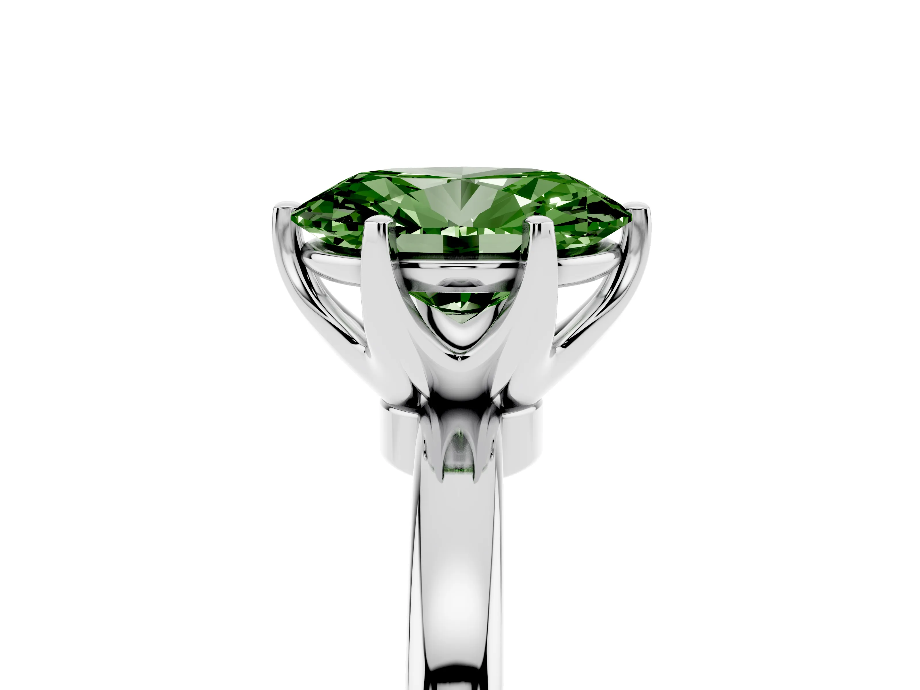 Fancy Green Oval Cut Diamond Solitaire Ring Set in White gold with Raised Prong Setting on a Classic Band