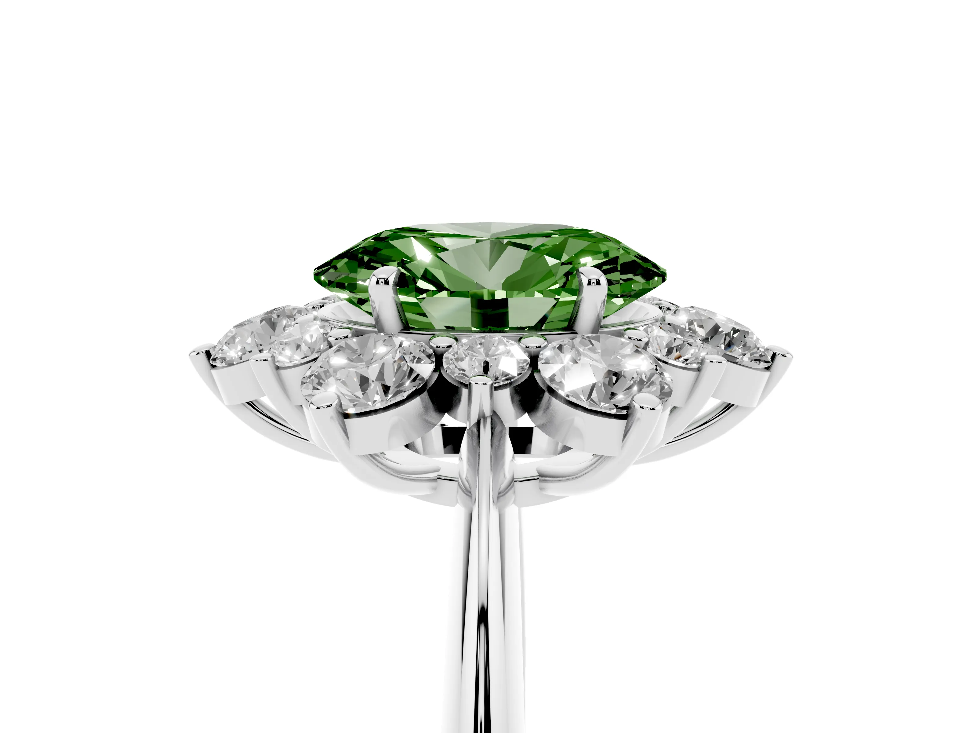 Fancy Green Oval Cut Diamond Cluster Halo Ring Set in Silver with Solitaire Band and Prong Setting
