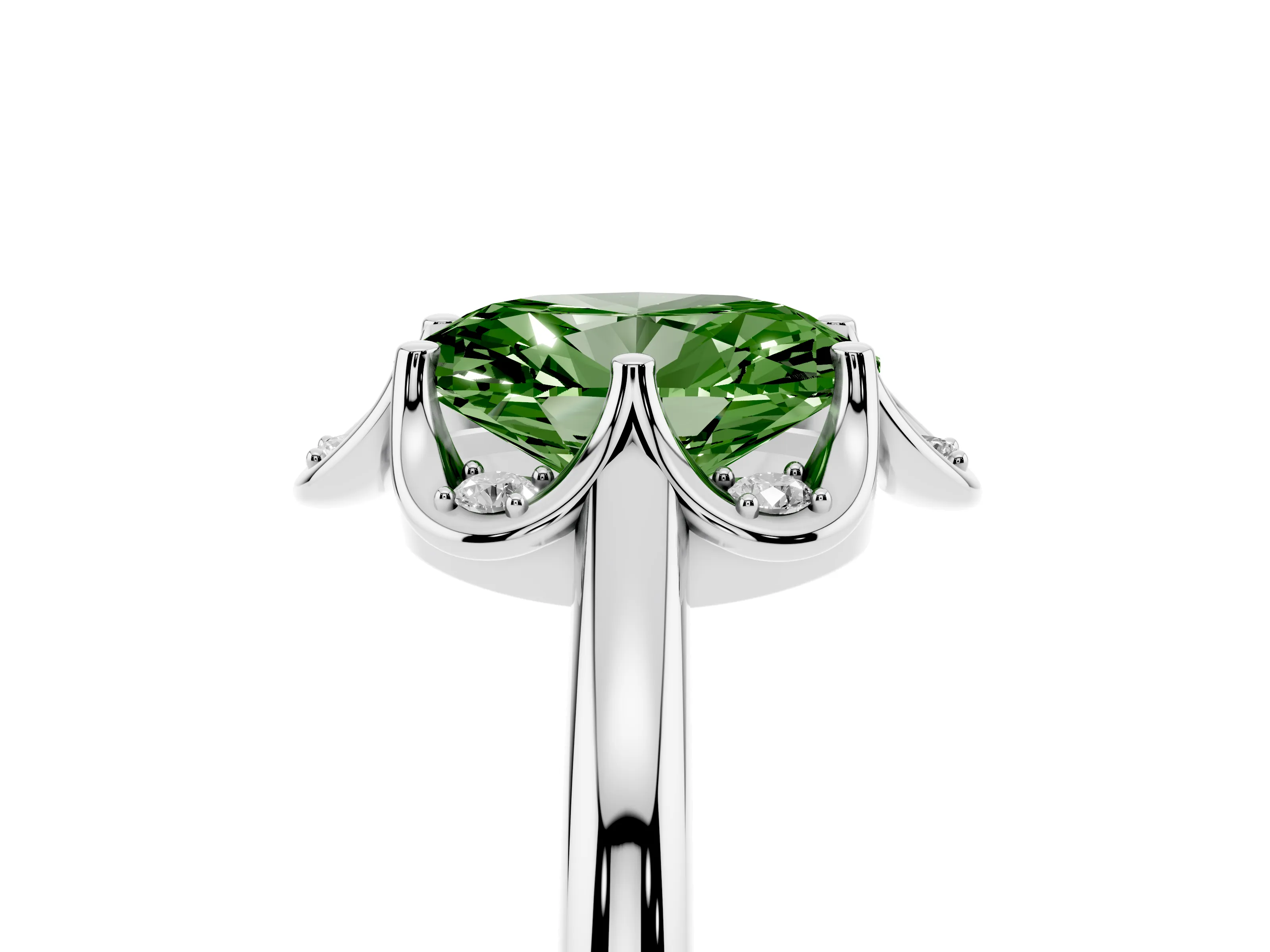 Fancy Green Oval Cut Diamond Round Cluster Halo Ring Set in Platinum with Solitaire Band and Prong Setting