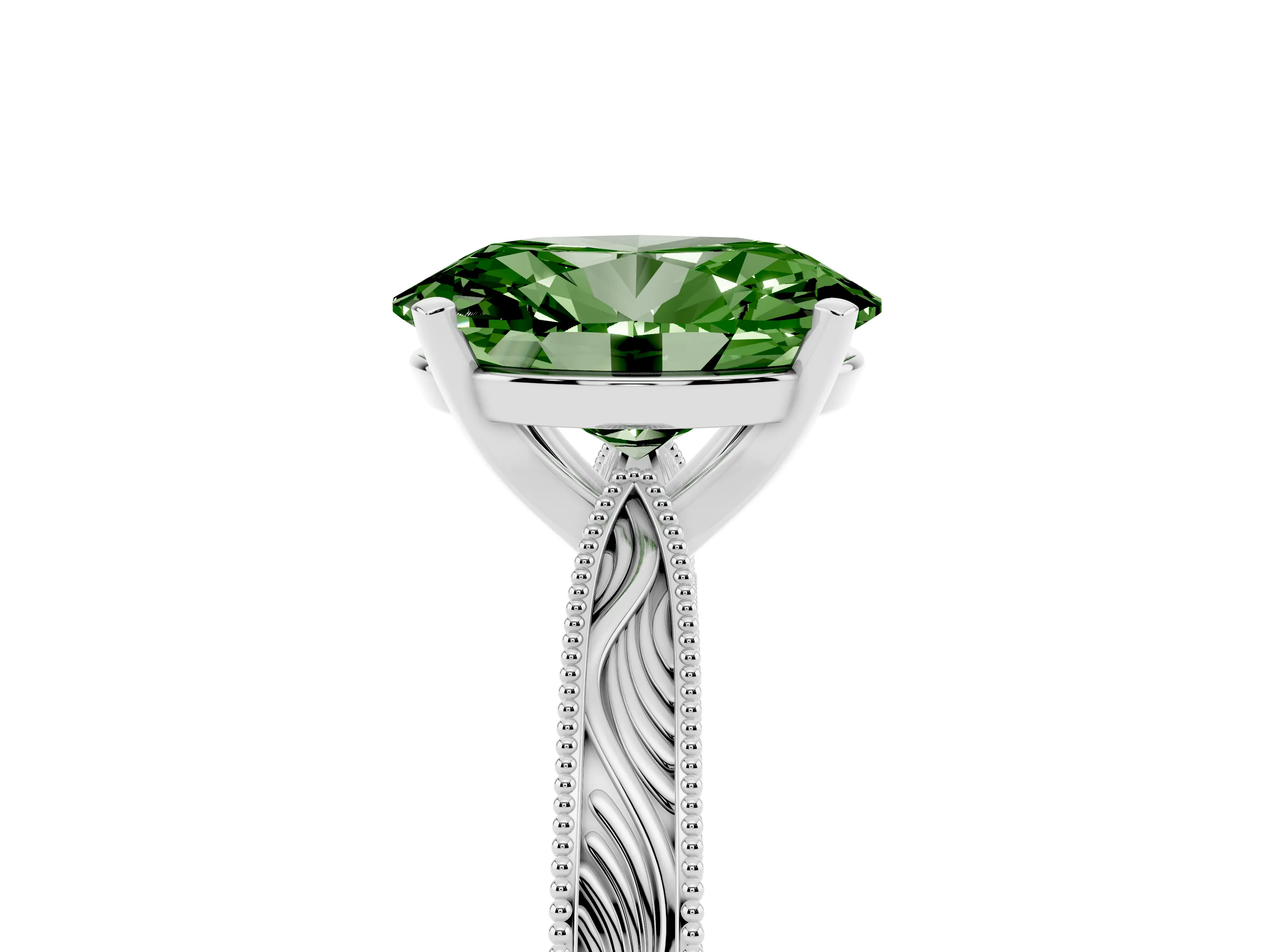Fancy Green Oval Cut Diamond Solitaire Milgrain Engraved Band Set in White gold with Prong Setting