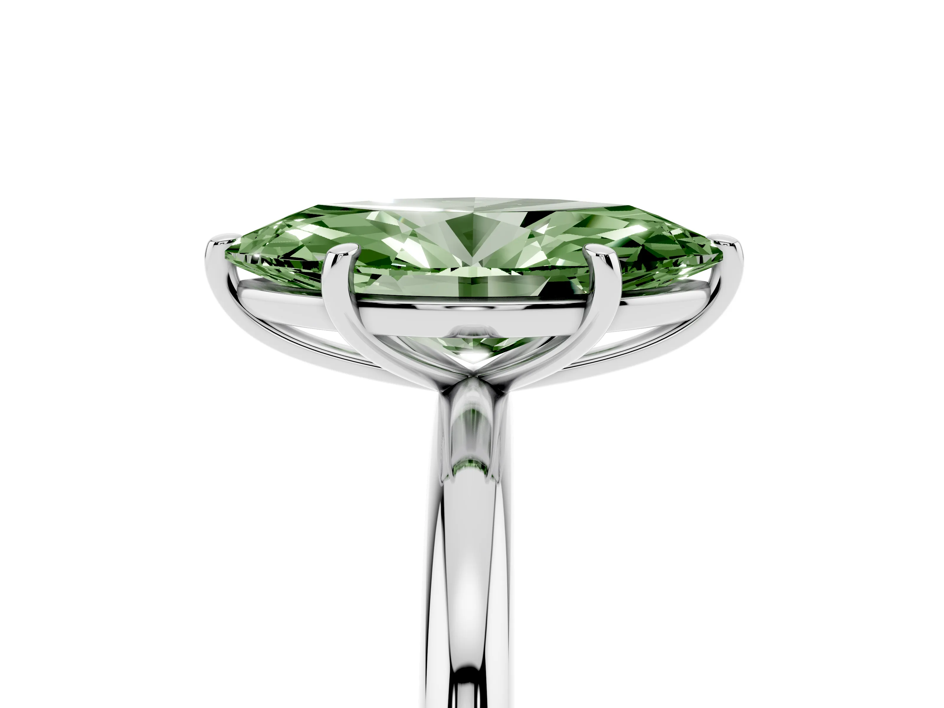 Fancy Green Oval Cut Diamond Solitaire Ring Set in White gold with Prong Setting on a Polished Plain Band