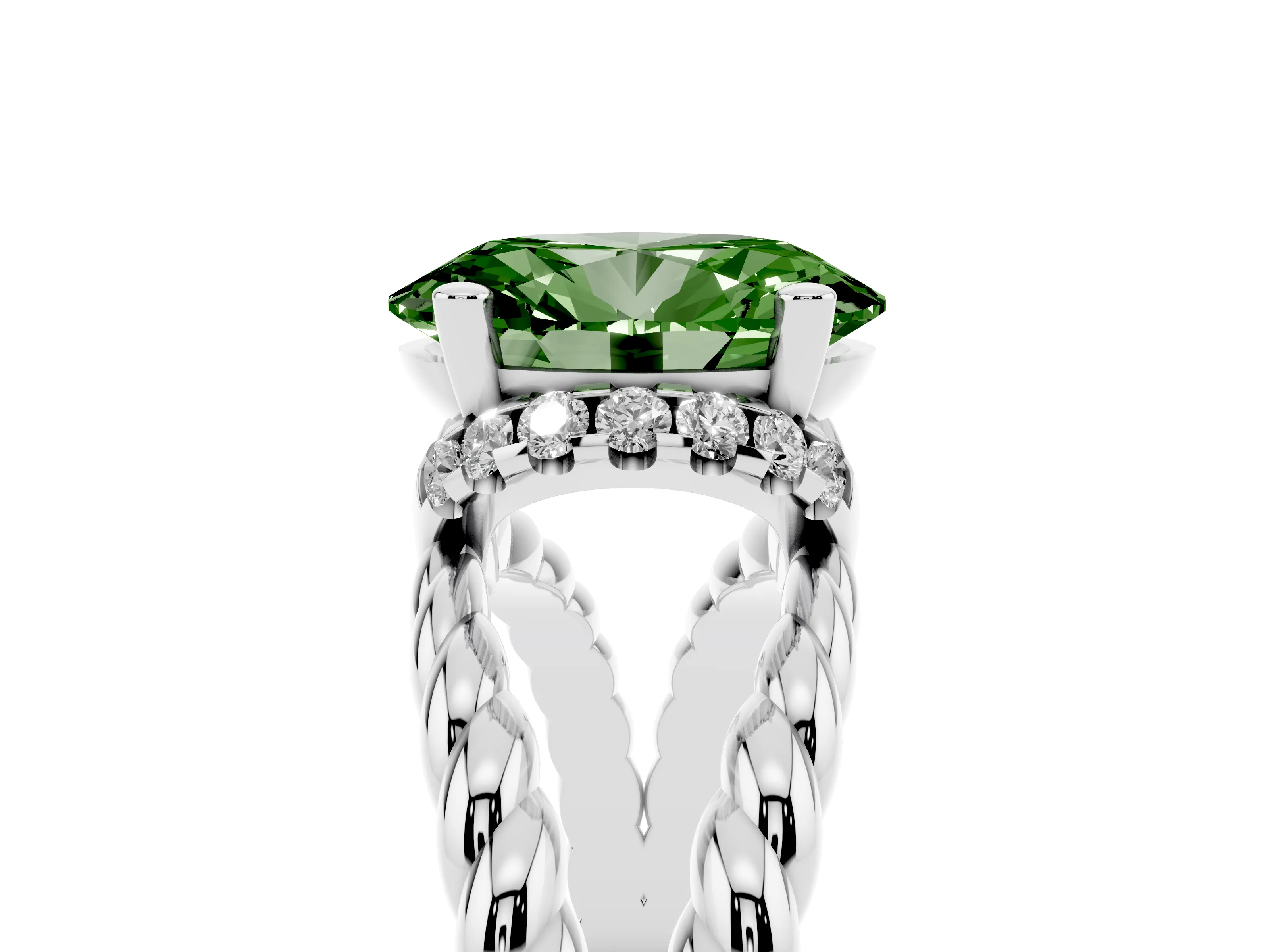 Fancy Green Oval Cut Diamond Halo Ring Set in Platinum with Twisted Band and Prong Setting