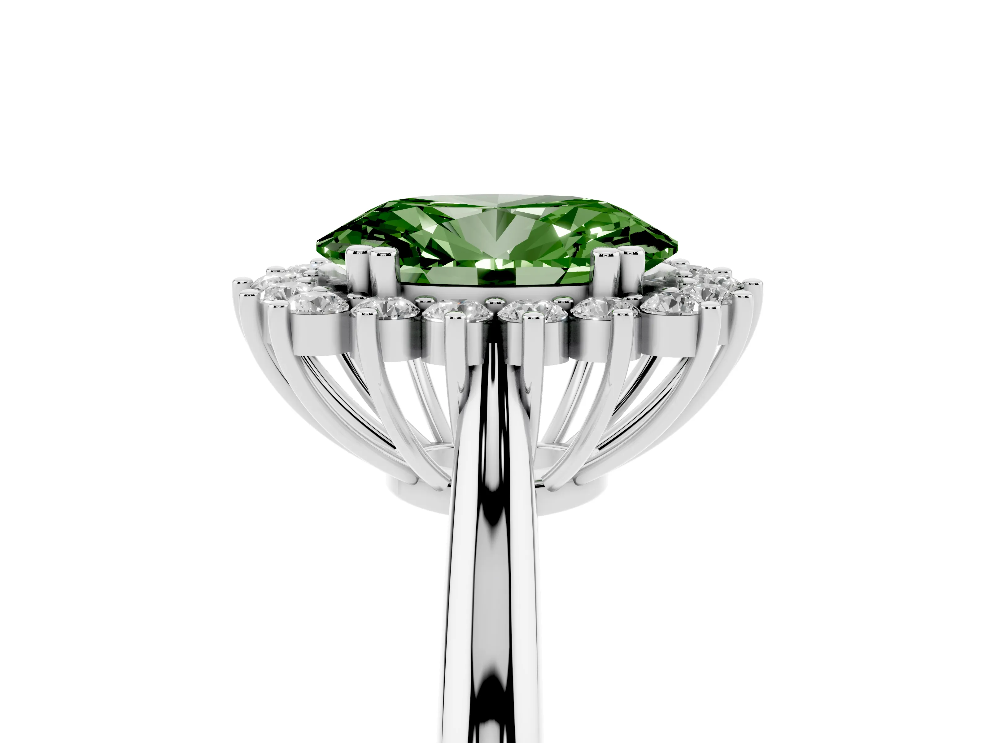 Fancy Green Oval Cut Diamond Halo Ring Set in Silver with Plain Solitaire Band and Prong Setting