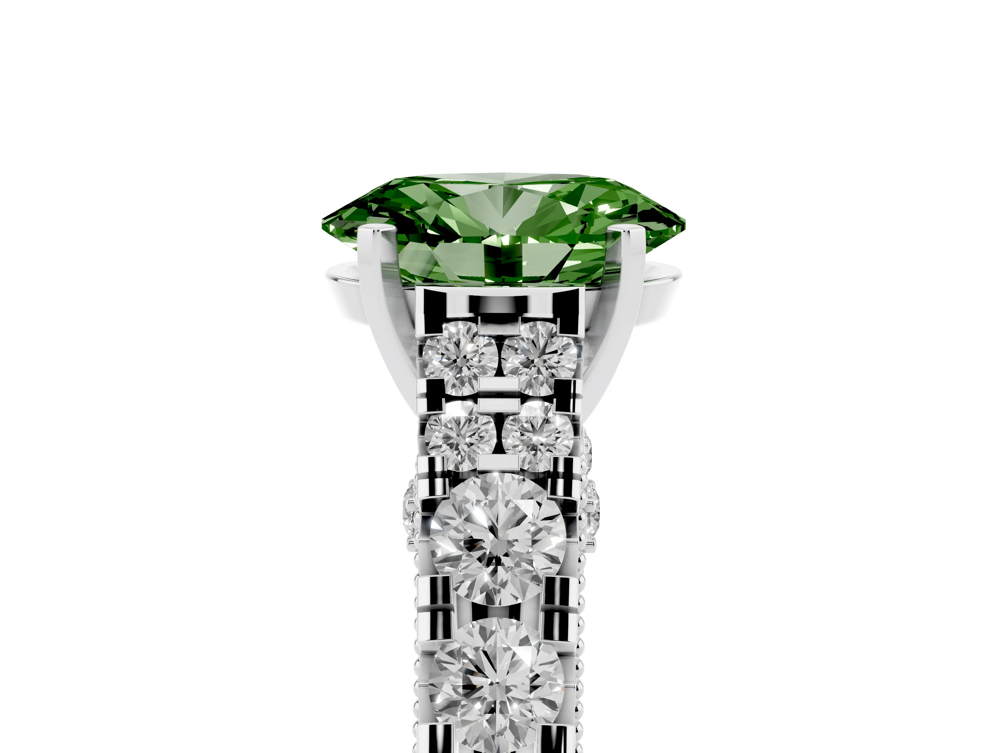Fancy Green Oval Cut Diamond Classic Solitaire Ring Set in Platinum with Pavé Band and Prong Setting
