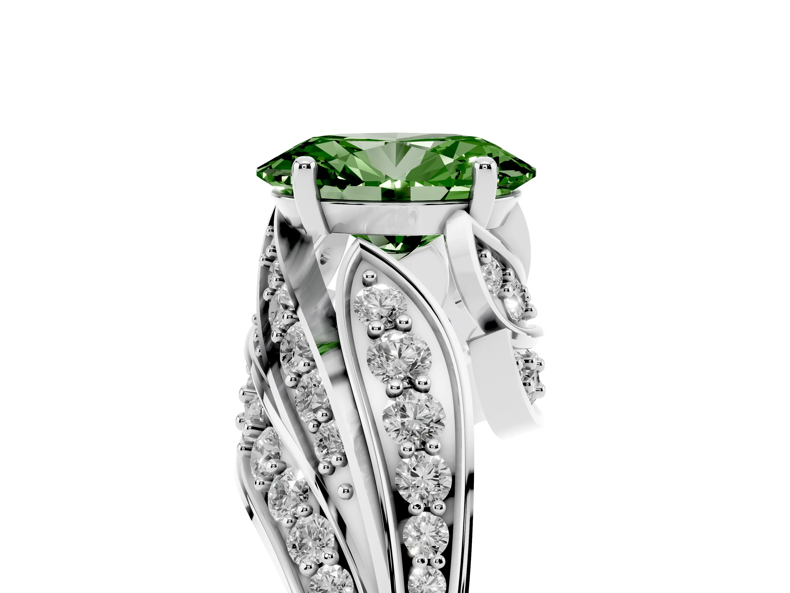 Fancy Green Oval Cut Diamond Solitaire Ring Set in Silver with Layered Twist Pavé Band