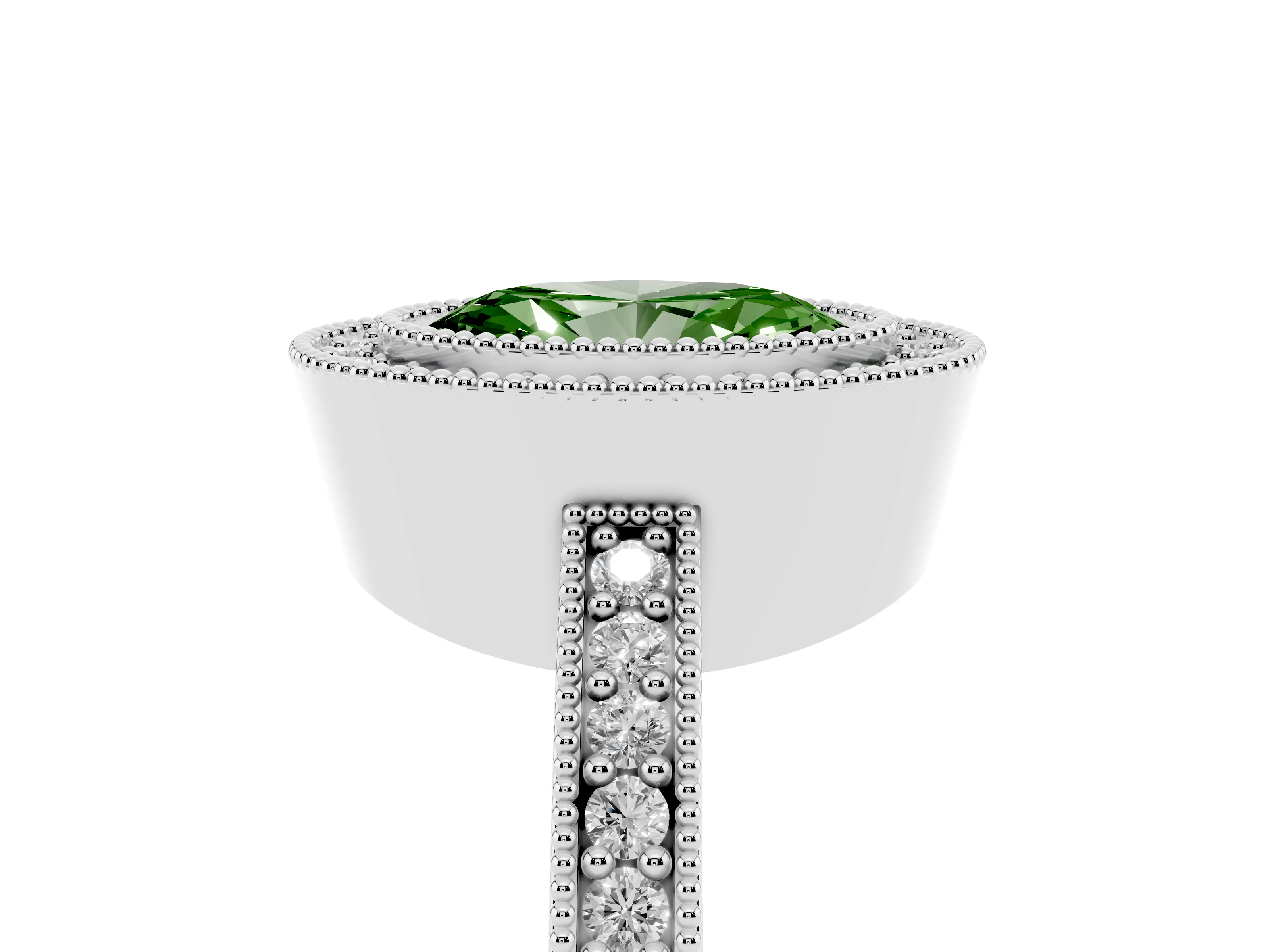 Fancy Green Oval Cut Diamond Halo Engagement Ring Set in White gold with Pavé Band and Round Halo Stones
