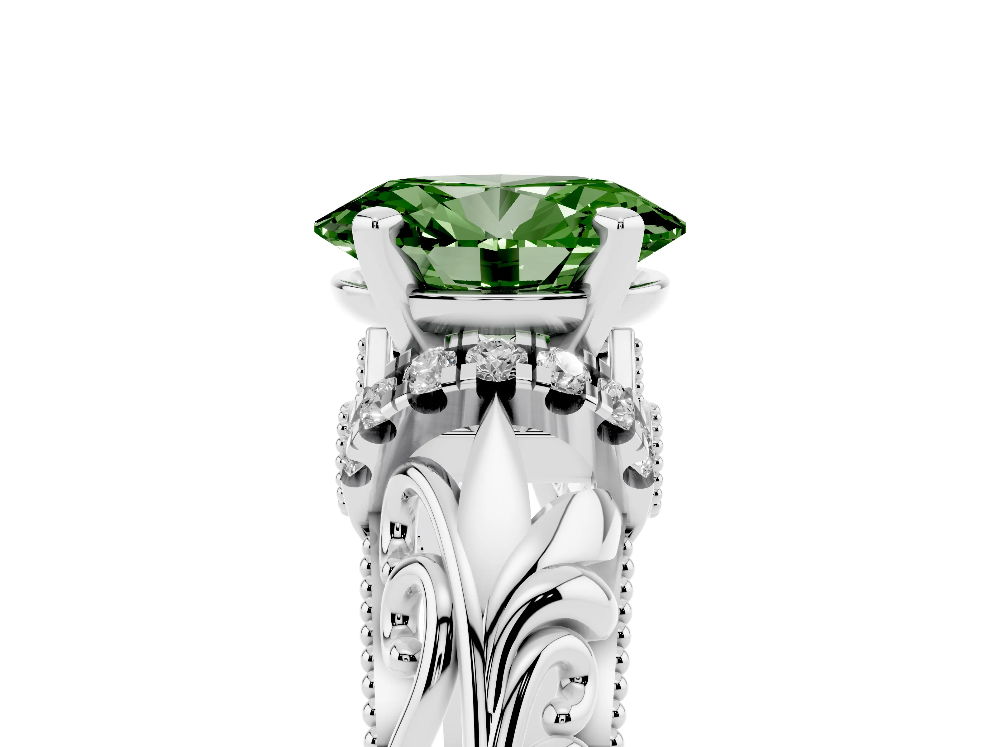 Fancy Green Oval Cut Diamond Filigree Halo Engagement Ring Set in White gold with Prong Setting