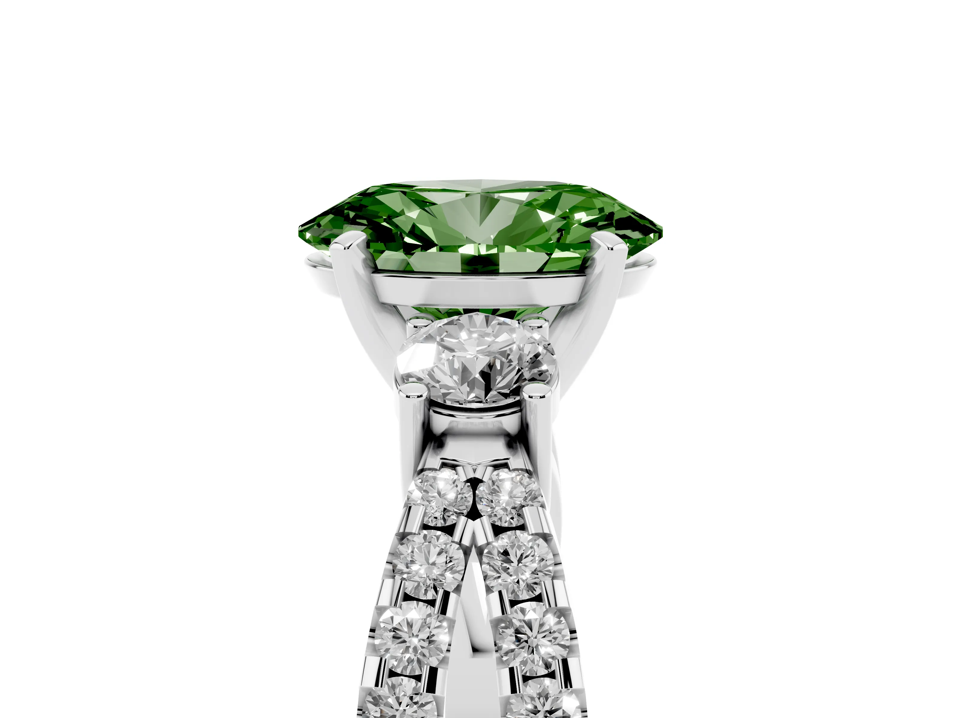 Fancy Green Oval Cut Diamond Three-Stone Ring Set in Platinum with Pavé Split Shank and Prong Setting
