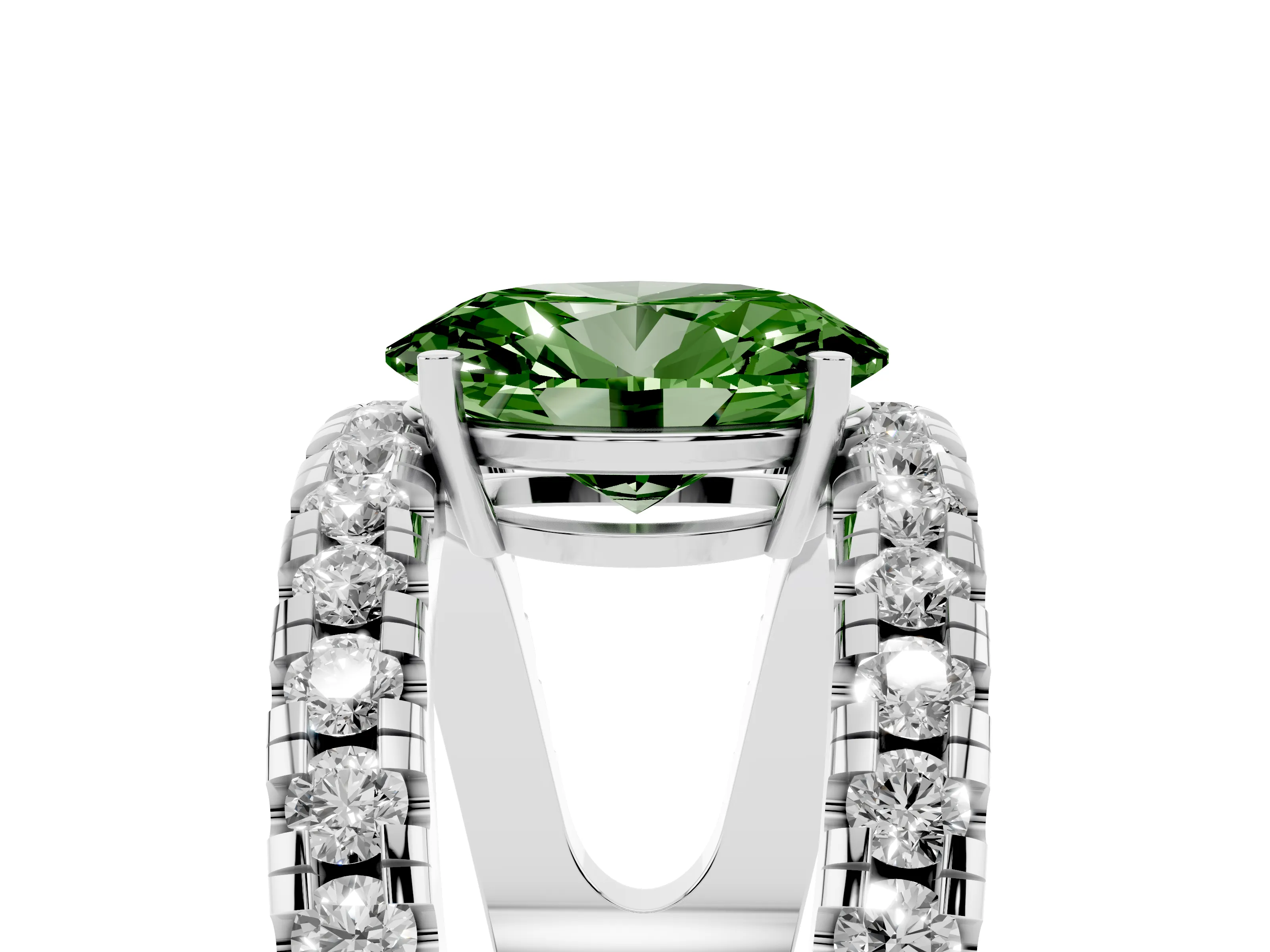 Fancy Green Oval Cut Diamond Split Shank Pavé Solitaire Ring Set in Platinum with Open Shank Design