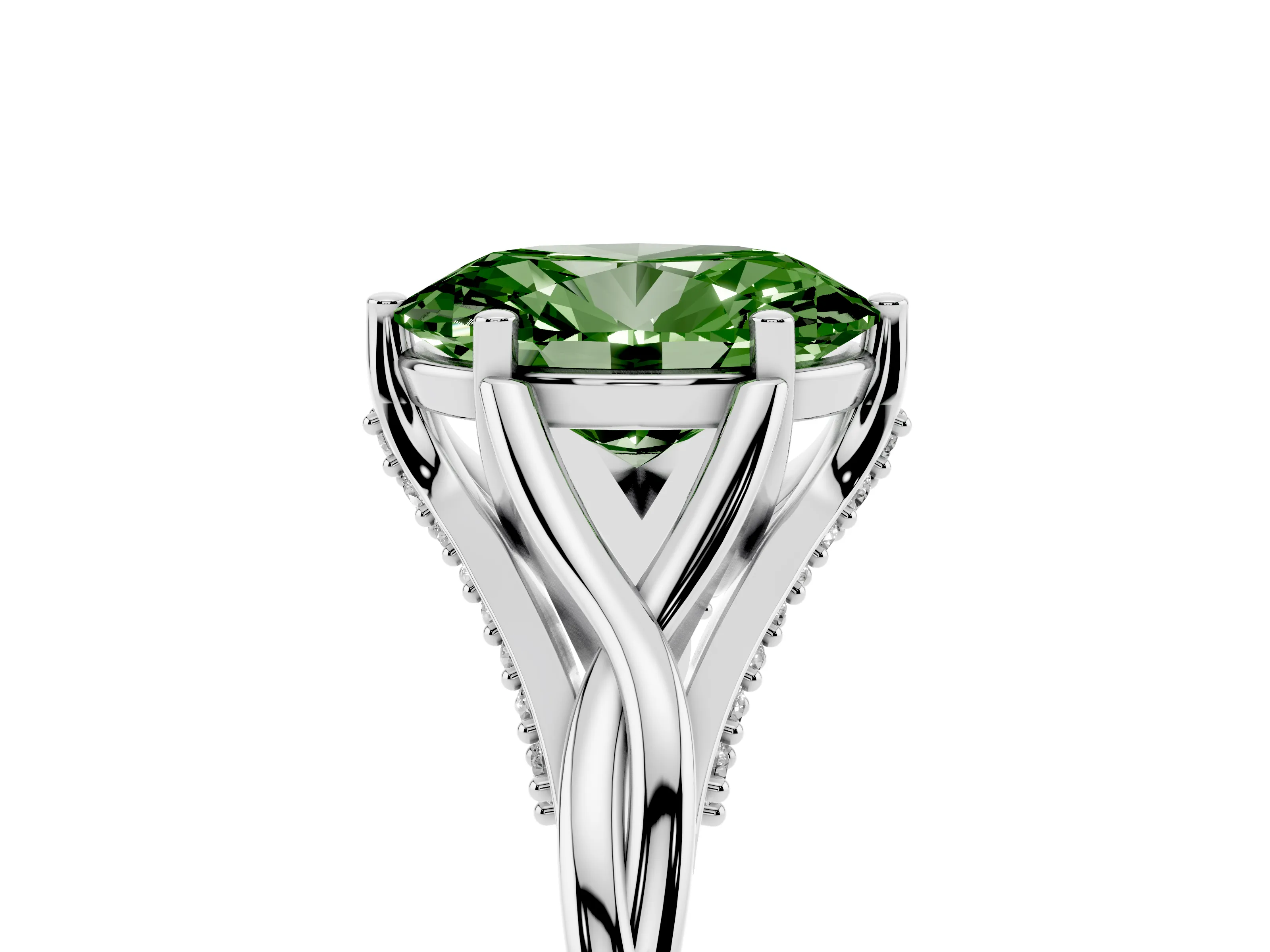 Fancy Green Oval Cut Diamond Intertwined Twist Band Solitaire Ring Set in White gold with Prong Setting