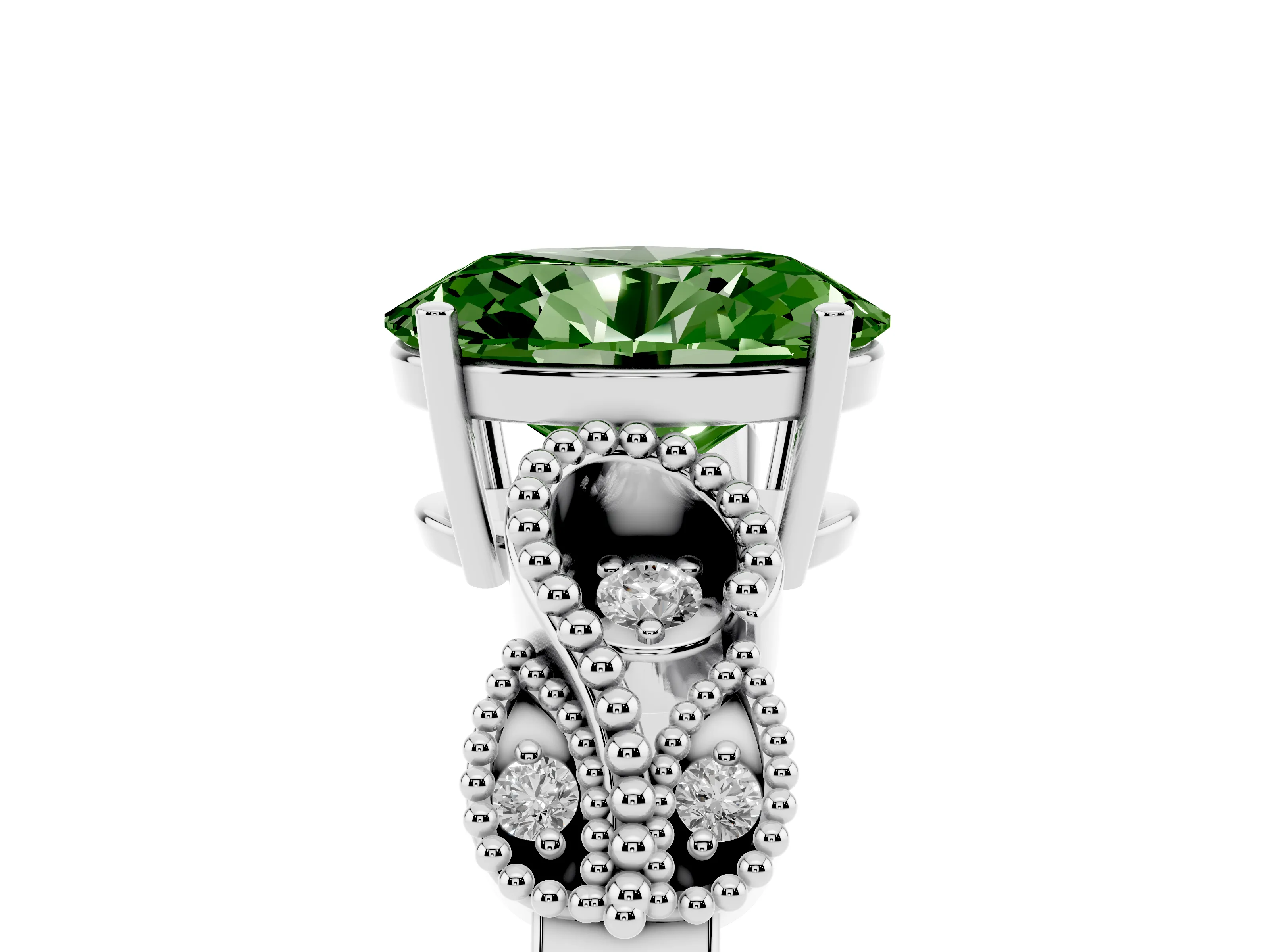 Fancy Green Oval Cut Diamond Milgrain Leaf Band Solitaire Ring Set in Platinum with Accent Stones and Prong Setting