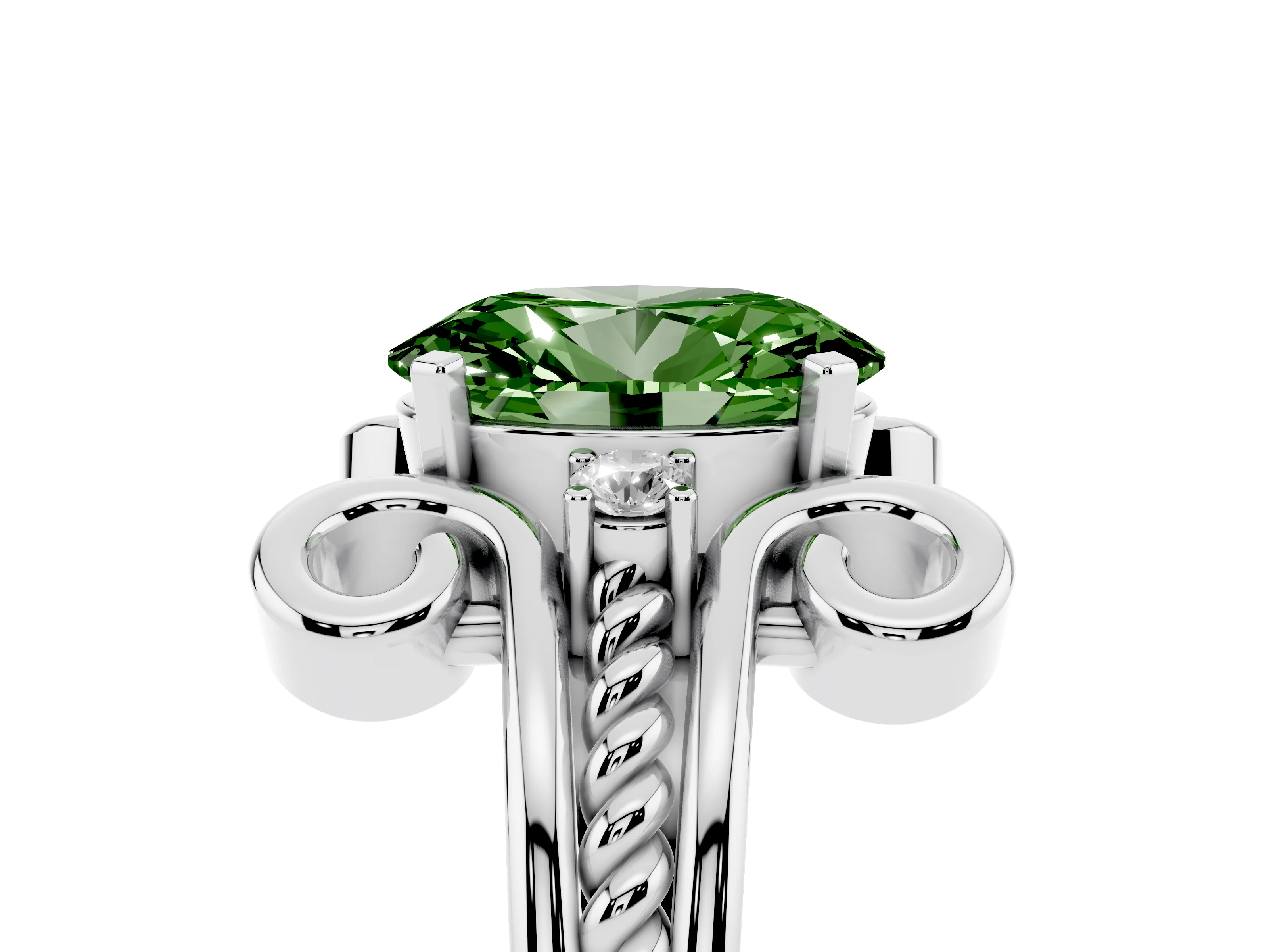 Fancy Green Oval Cut Diamond Twisted Band Solitaire Ring Set in Platinum with Scroll Prongs