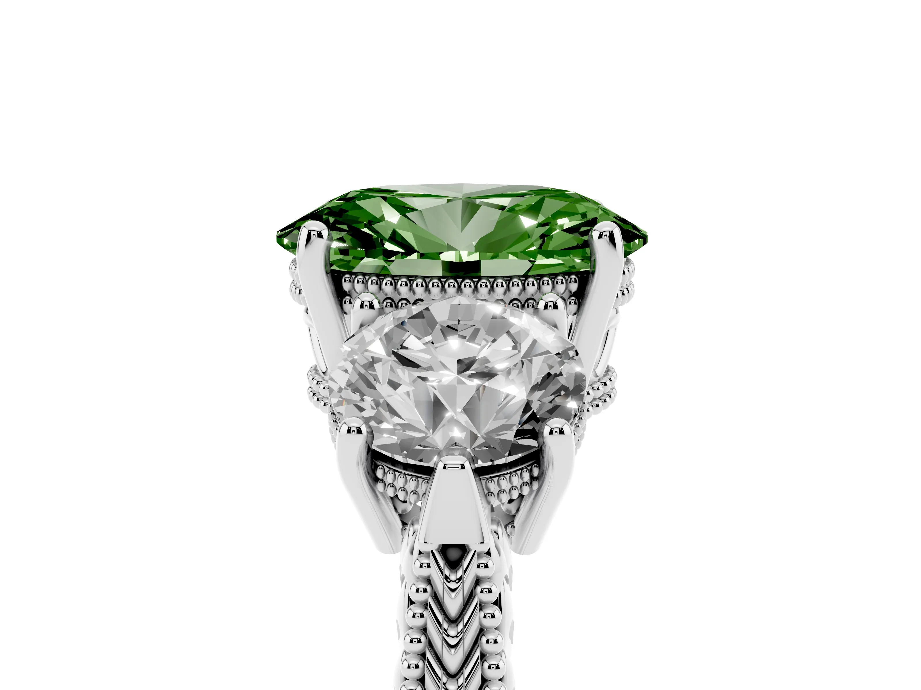 Fancy Green Oval Cut Diamond Three-Stone Ring Set in Silver with Milgrain Band