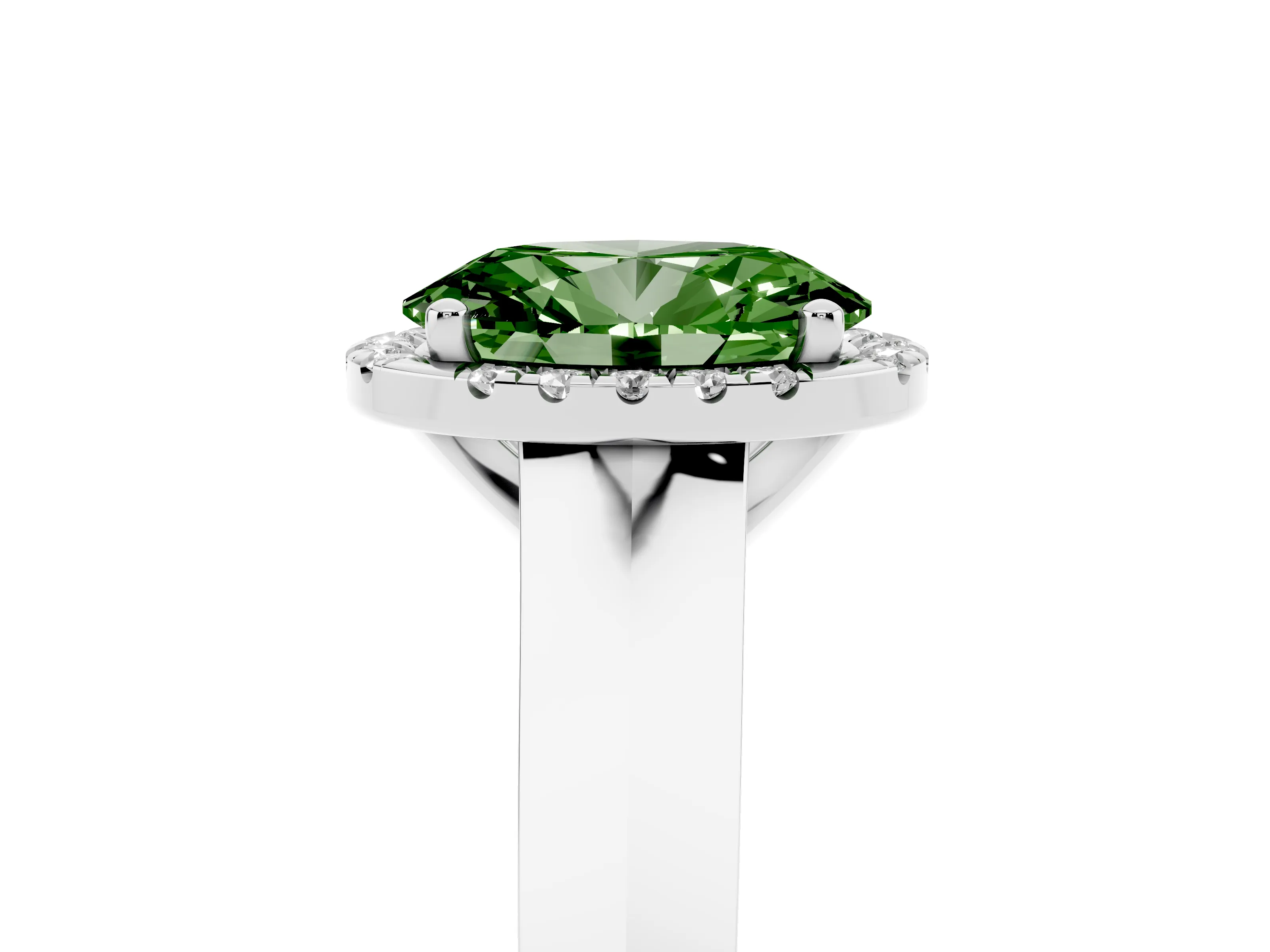 Fancy Green Oval Cut Diamond Halo Ring Set in Silver with Cathedral Band and Prong Setting
