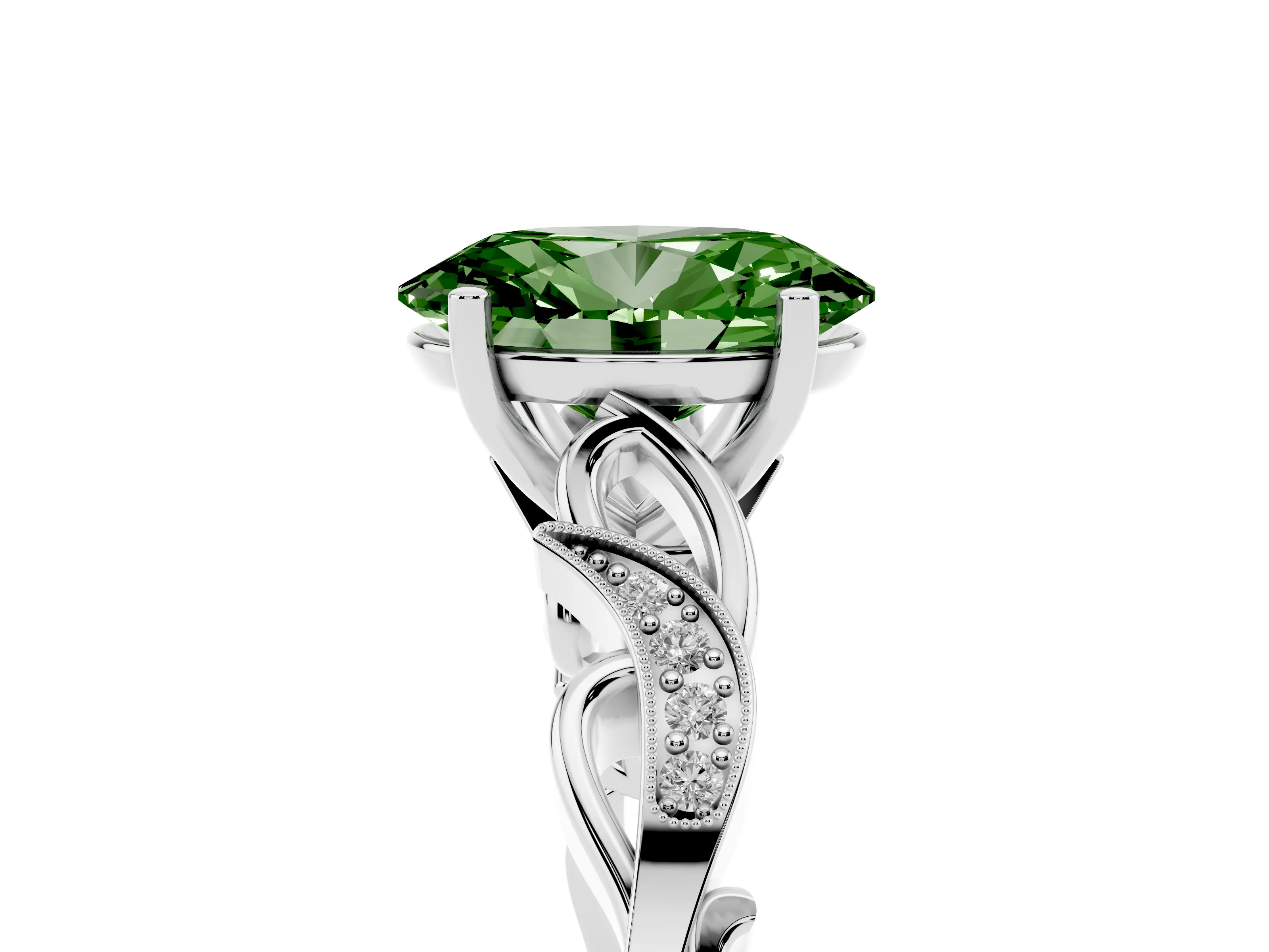 Fancy Green Oval Cut Diamond Vine Band Solitaire Ring Set in Silver with Milgrain Prong Setting