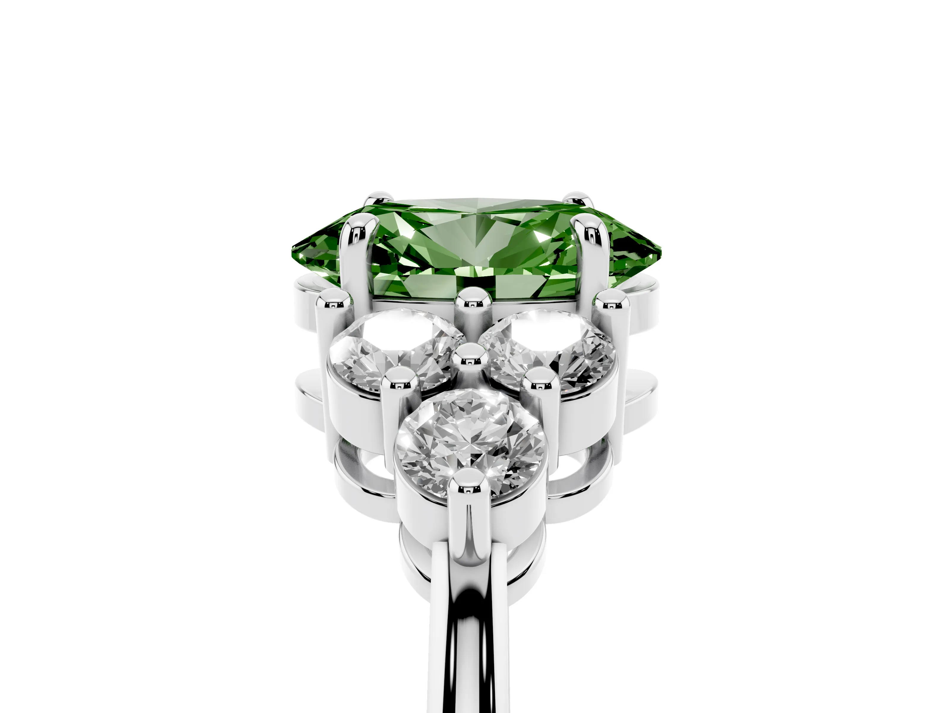 Fancy Green Oval Cut Diamond Solitaire Ring Set in Silver with Cluster Accents on Each Side