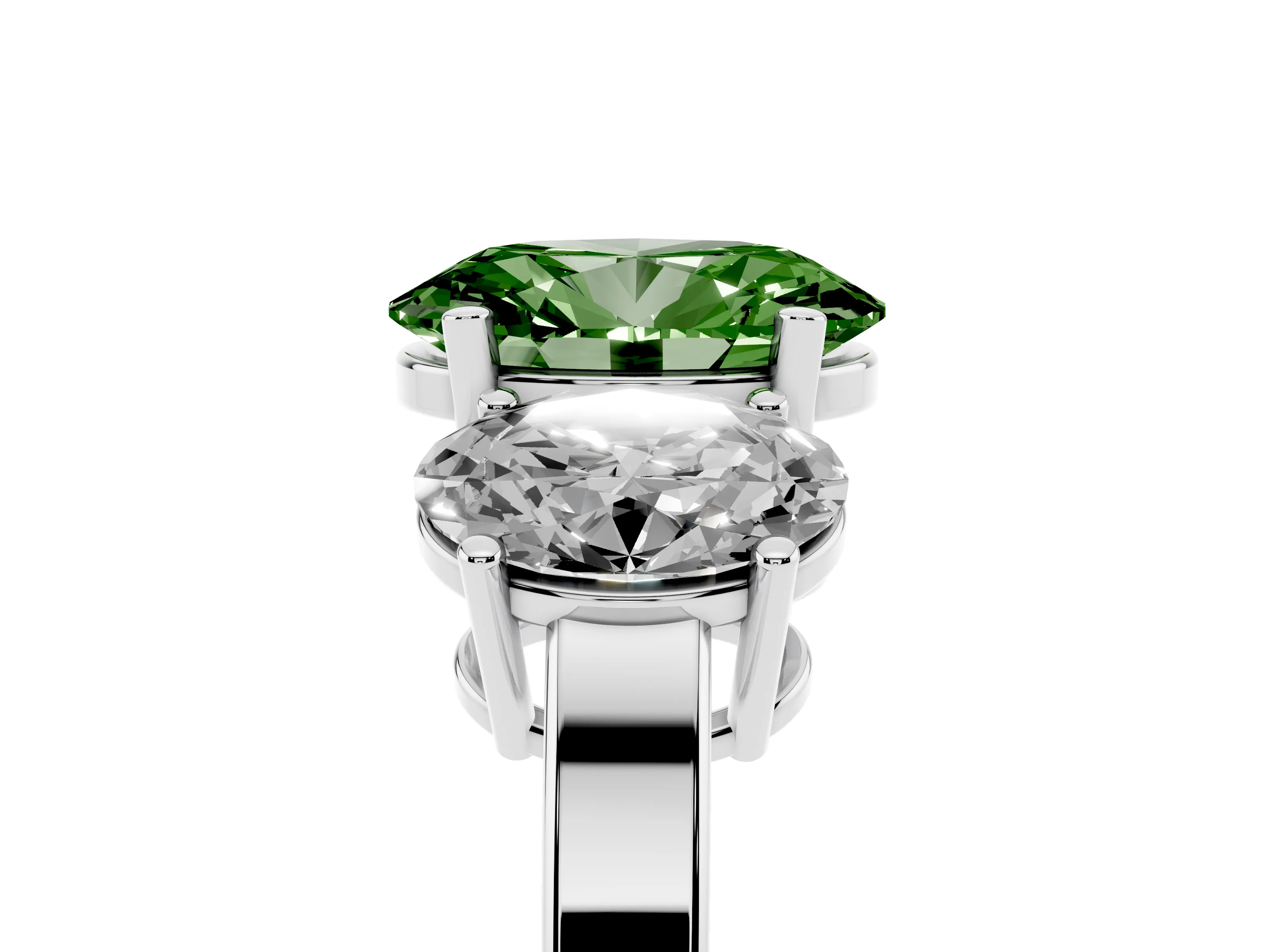 Fancy Green Oval Cut Diamond Three-Stone Engagement Ring Set in White gold with Flat Band