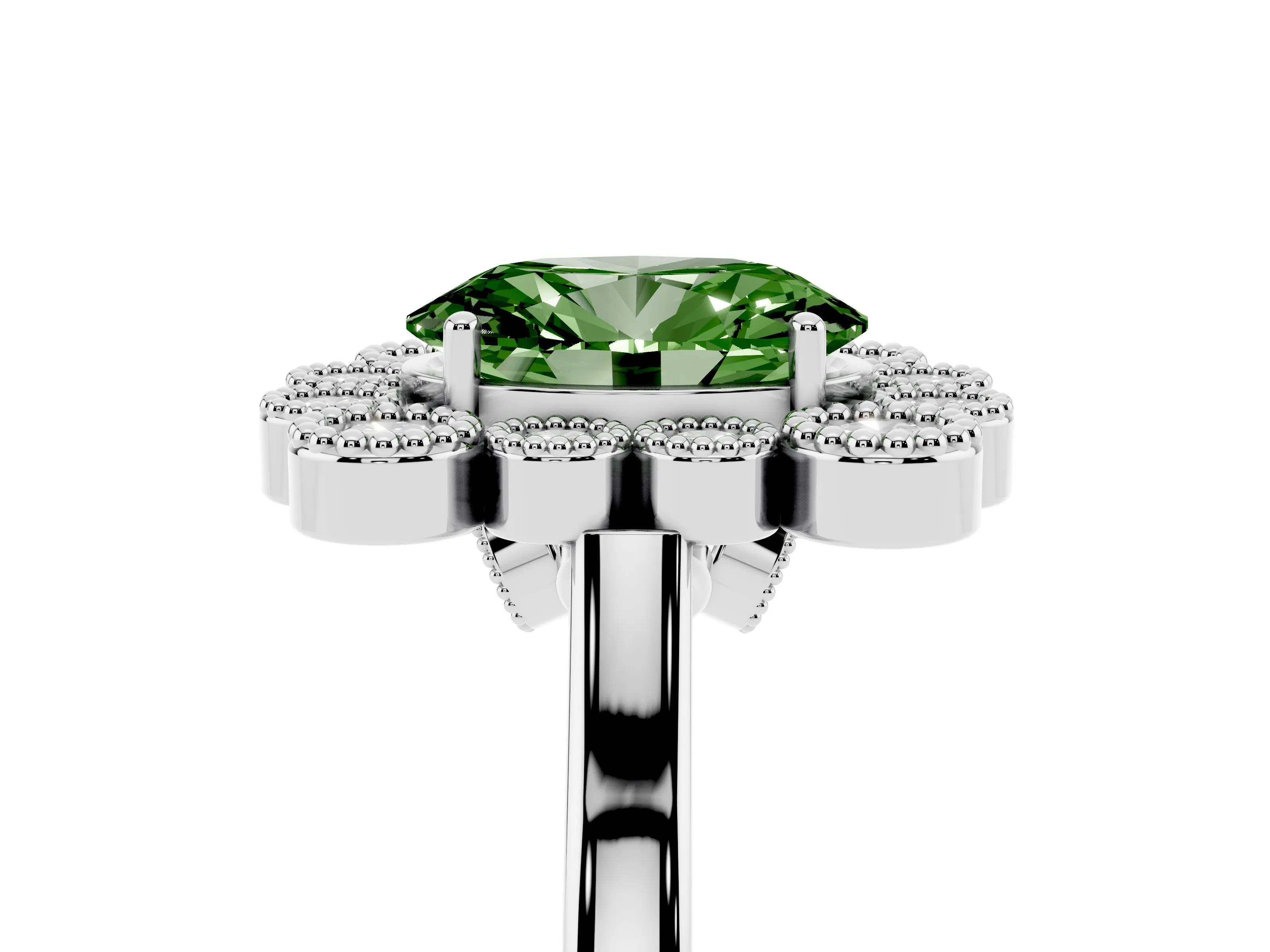 Fancy Green Oval Cut Diamond Cluster Halo Ring Set in White gold with Milgrain Bezel Accents and Plain Band