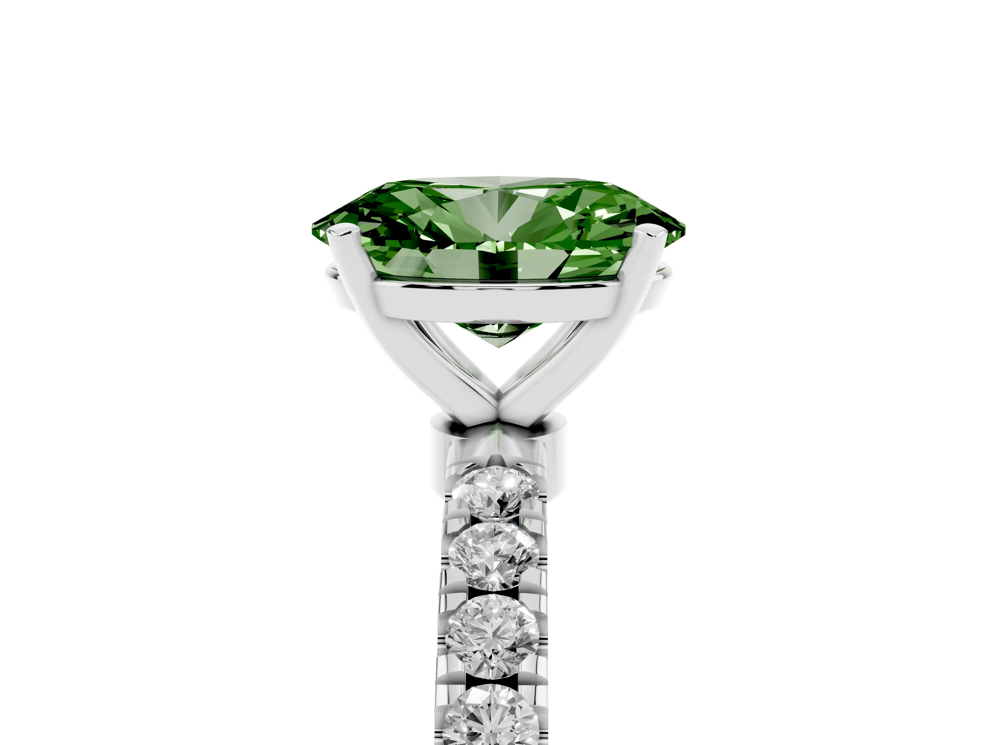 Fancy Green Oval Cut Diamond Solitaire Ring Set in Platinum with Pavé Accents and Prong Setting