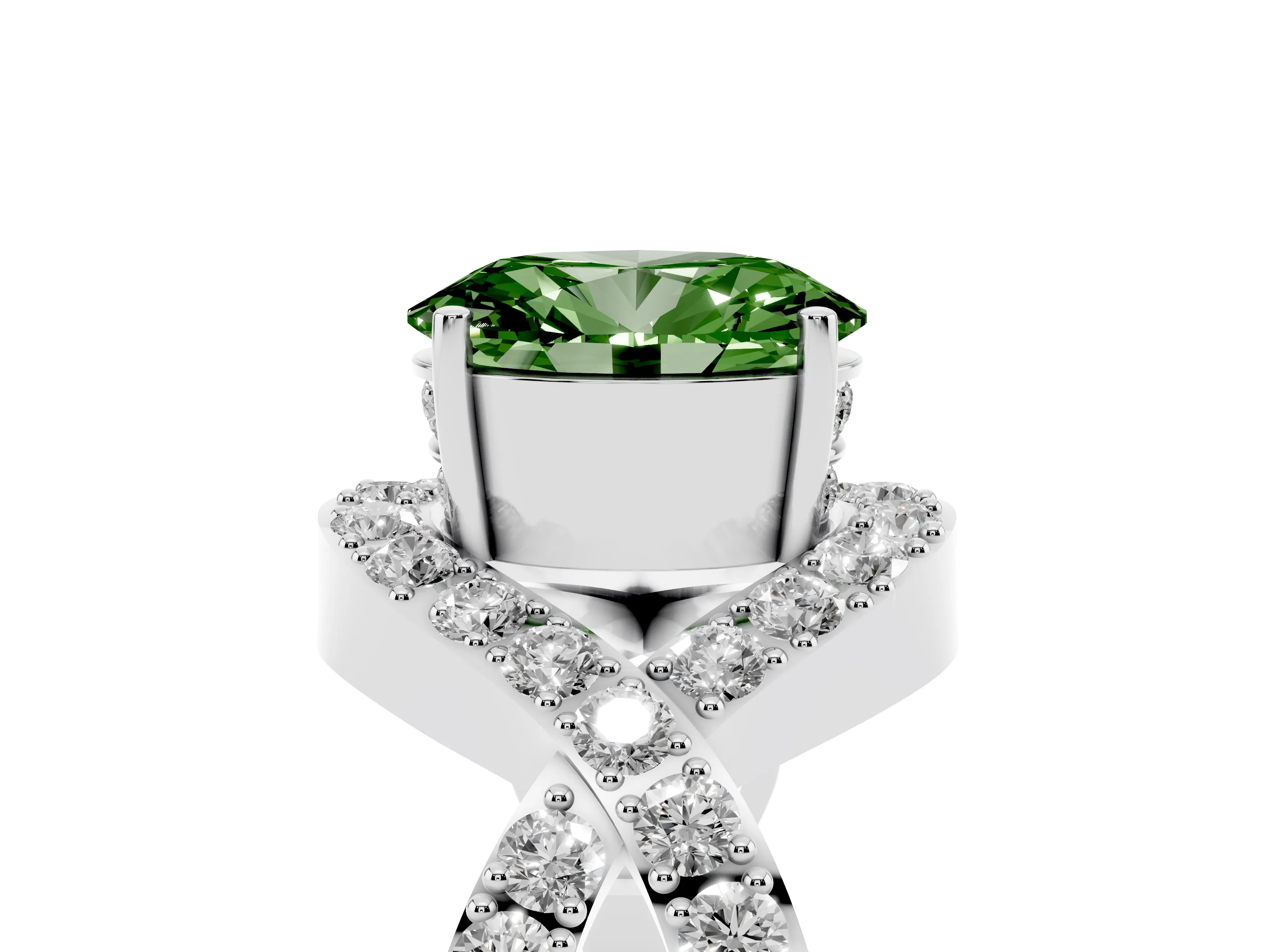 Fancy Green Oval Cut Diamond Solitaire Twist Band Pavé Engagement Ring Set in Silver