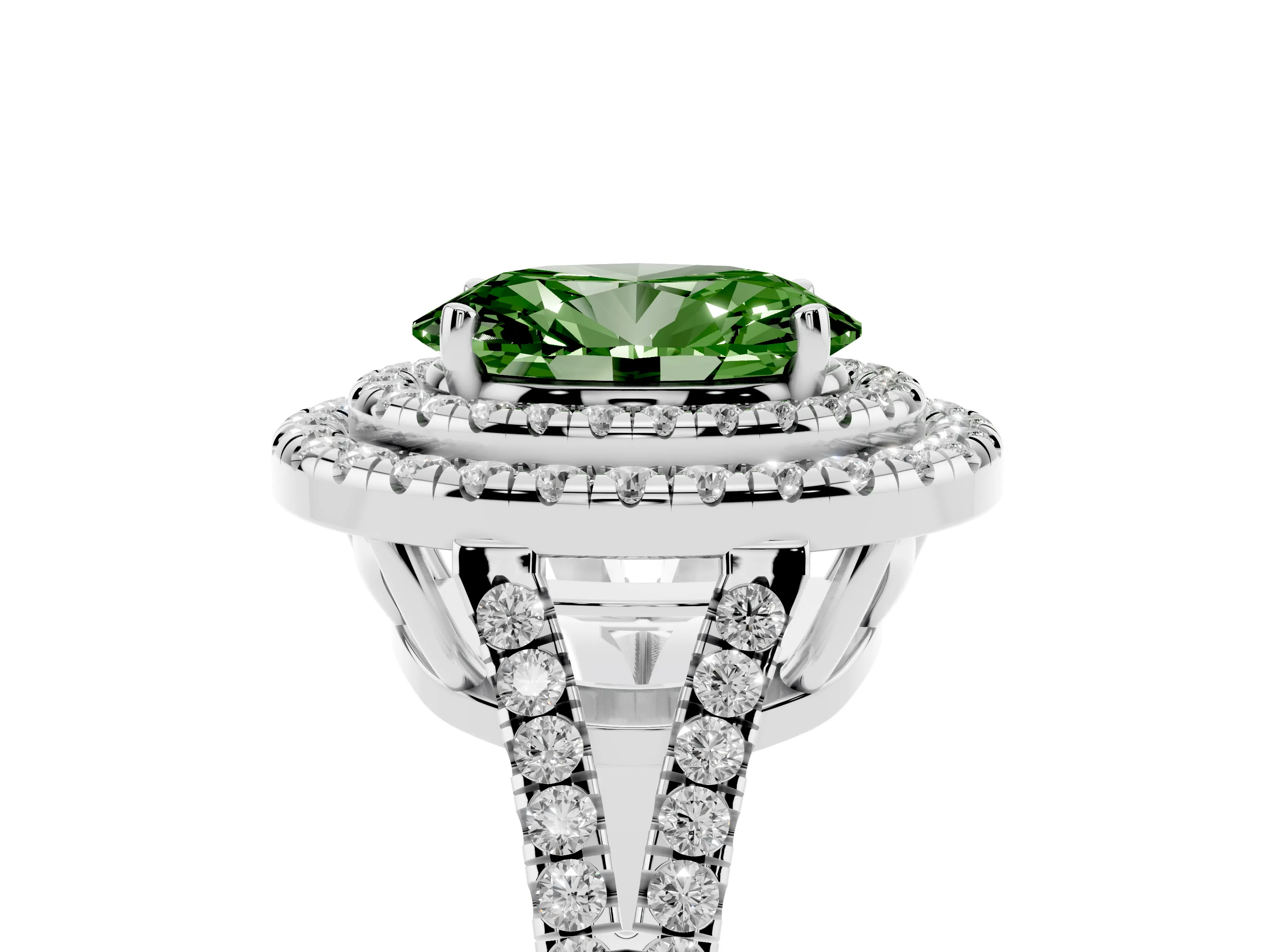 Fancy Green Oval Cut Diamond Double Halo Ring Set in Silver with Pavé Band