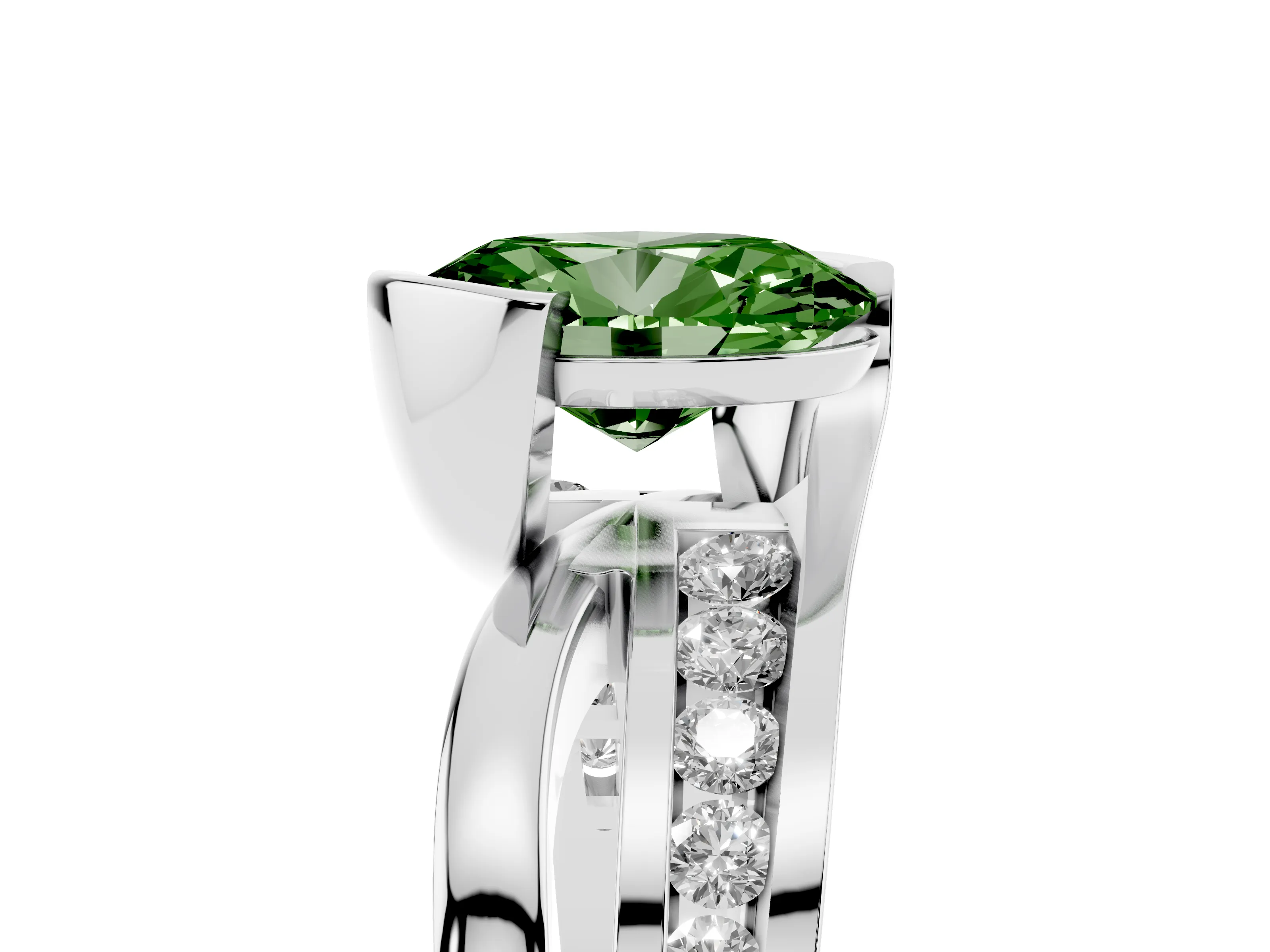 Fancy Green Oval Cut Diamond Solitaire Ring Set in Silver with Channel Set Split Shank and Tension Prongs