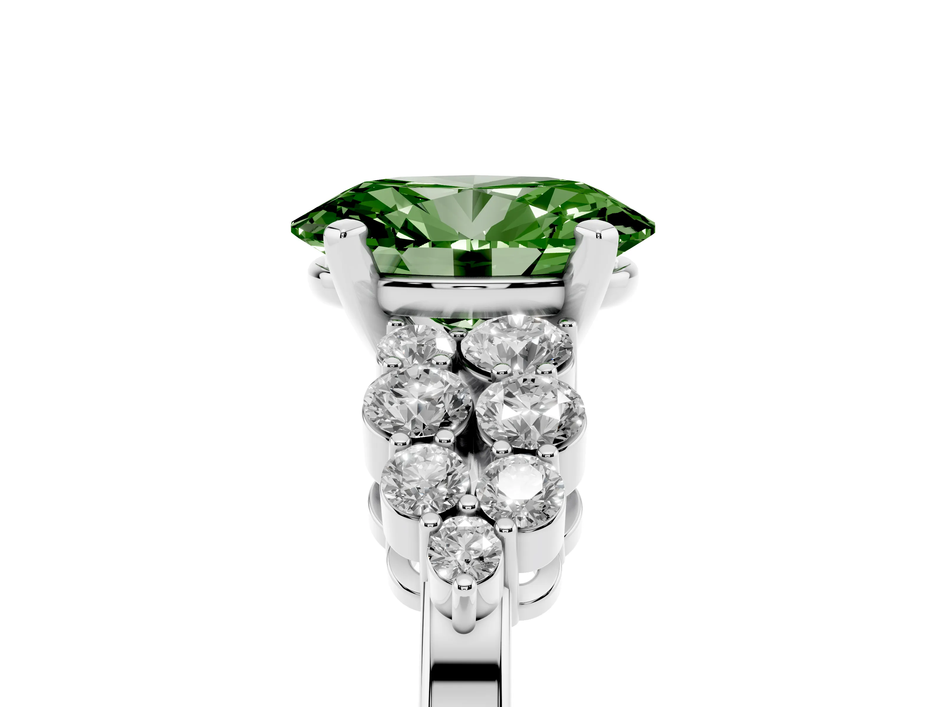 Fancy Green Oval Cut Diamond Cluster Engagement Ring Set in Platinum with Pavé Band and Prong Setting