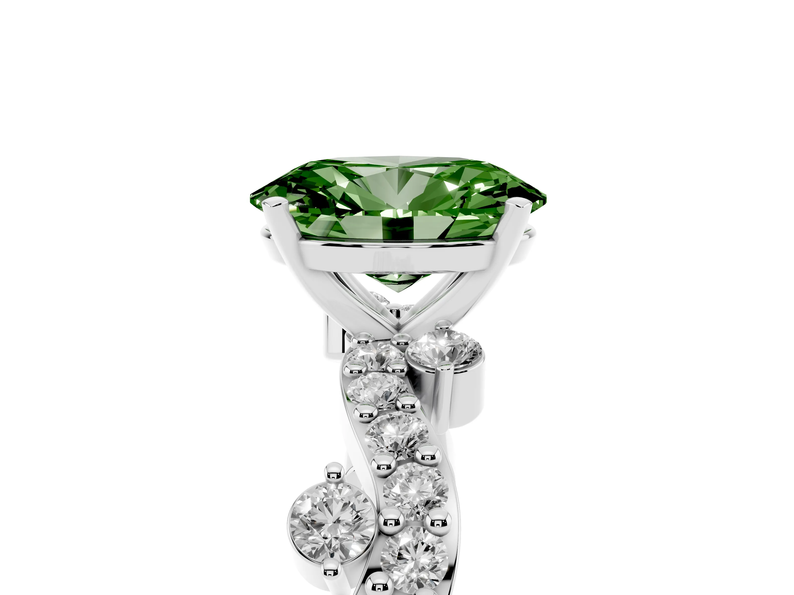 Fancy Green Oval Cut Diamond Solitaire Twisted Band Set in White gold with Pavé Setting
