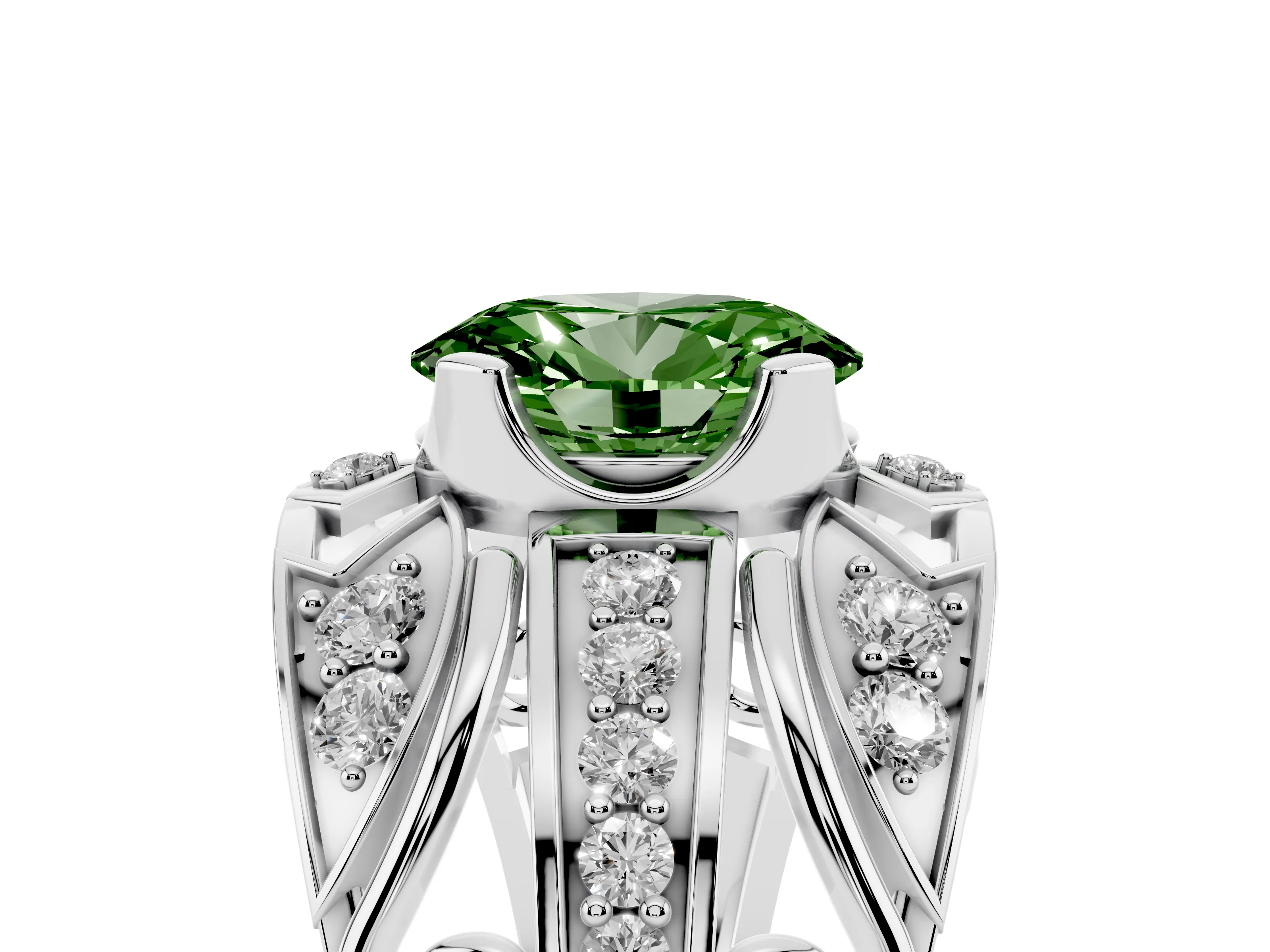 Fancy Green Oval Cut Diamond Art Deco Ring Set in Platinum with Pavé Split Shank