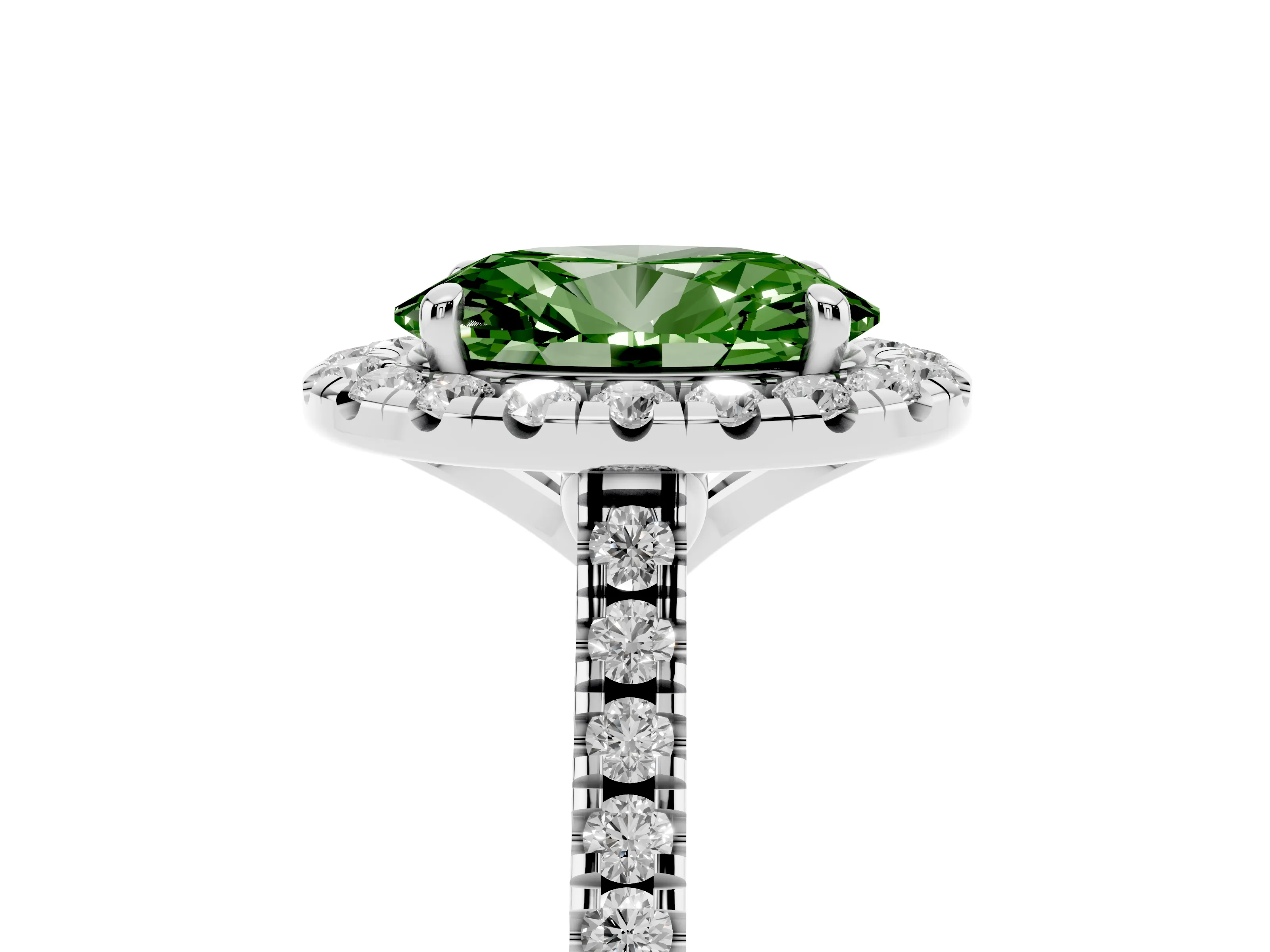 Fancy Green Oval Cut Diamond Cushion Halo Ring Set in White gold with Pavé Band