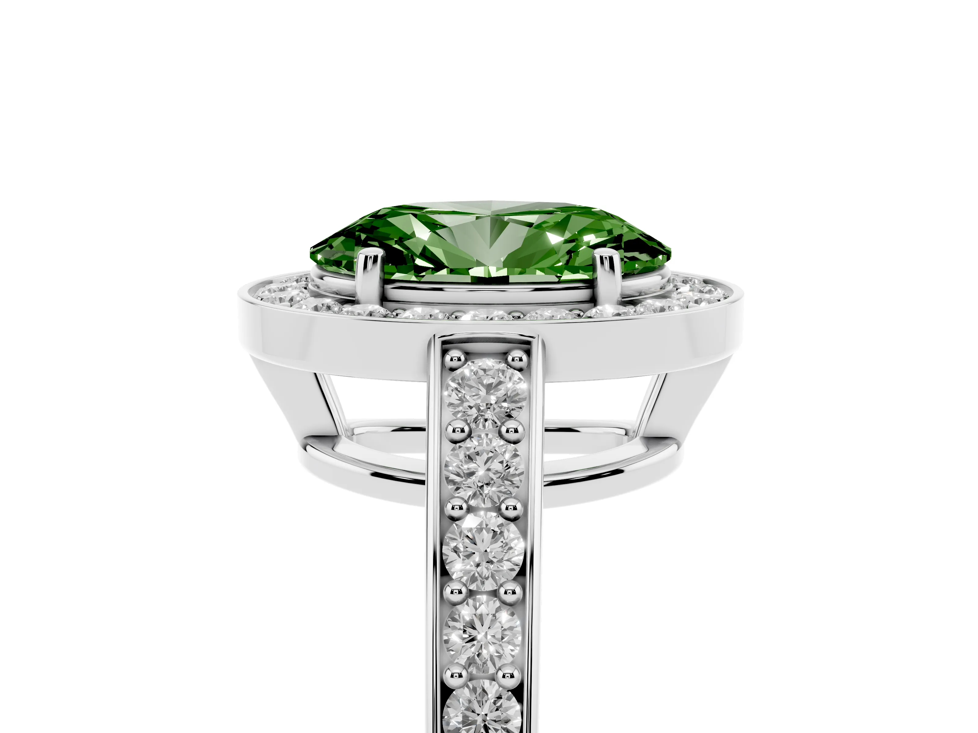 Fancy Green Oval Cut Diamond Halo Pavé Engagement Ring Set in White gold with Bezel Setting