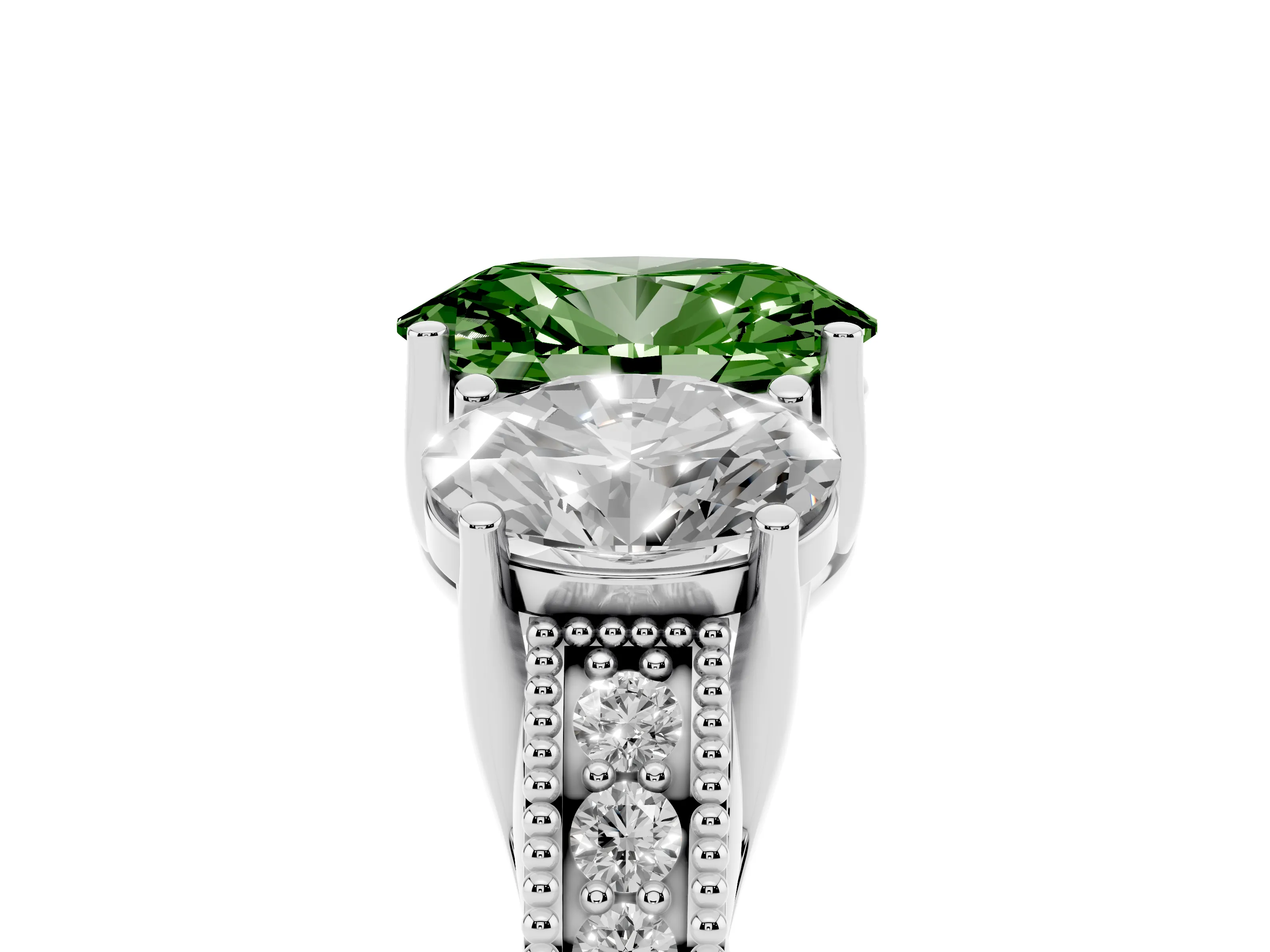 Fancy Green Oval Cut Diamond Three-Stone Engagement Ring Set in Silver with Milgrain Pavé Band