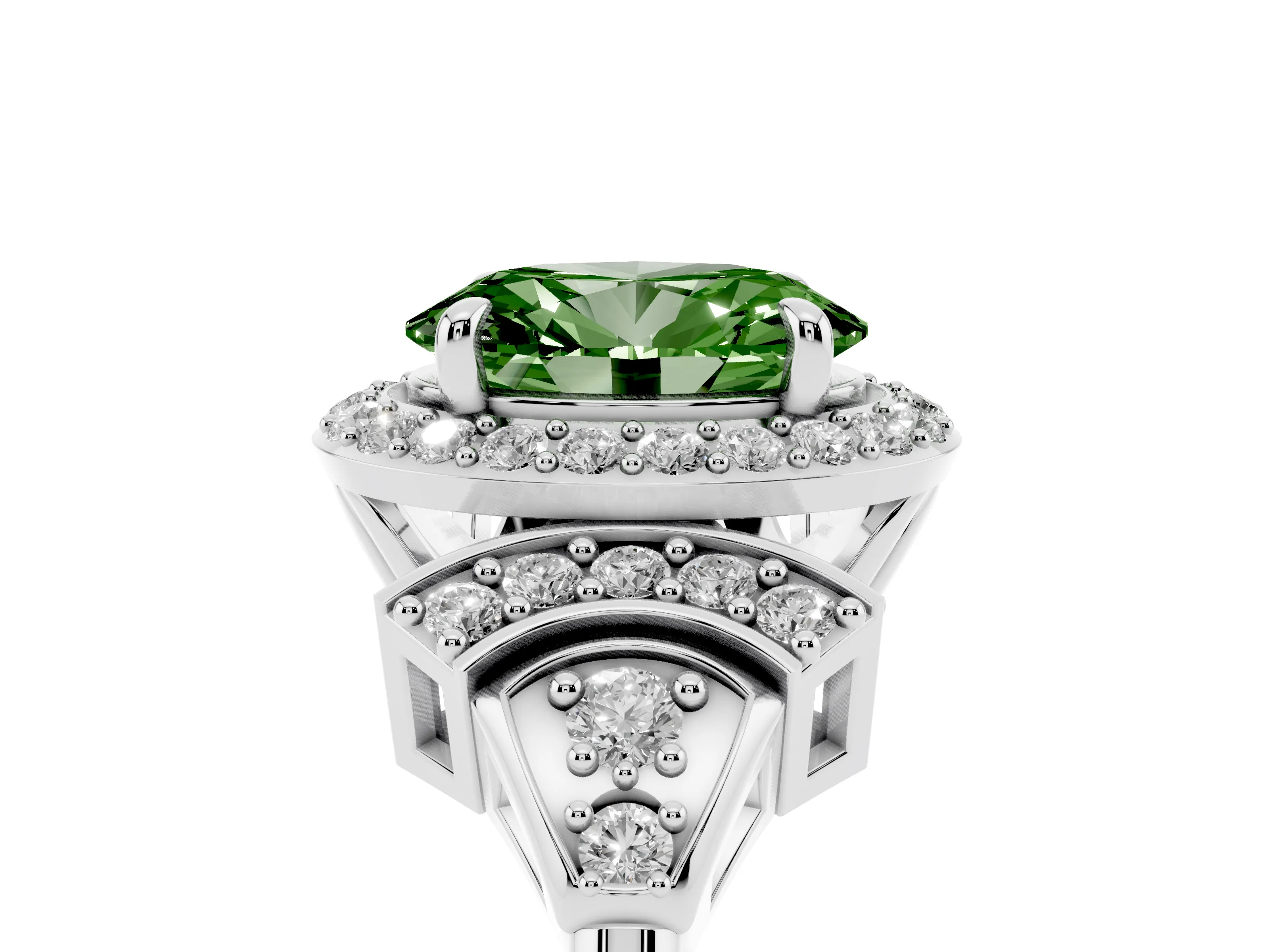 Fancy Green Oval Cut Diamond Halo Engagement Ring Set in Platinum with Accent Stone Split Shank