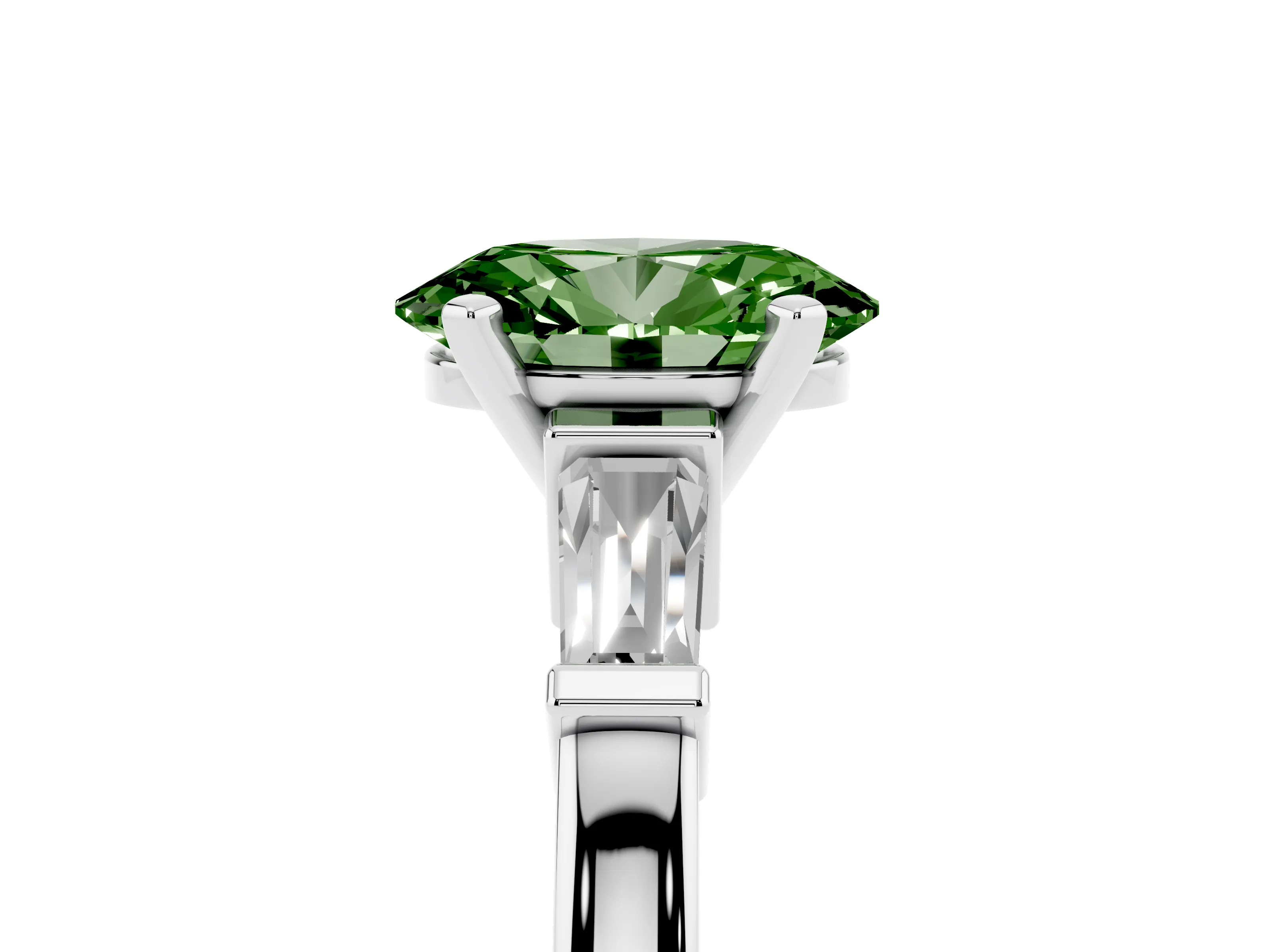 Fancy Green Oval Cut Diamond Solitaire Ring Set in Platinum with Tapered Baguette Accents and Prong Setting