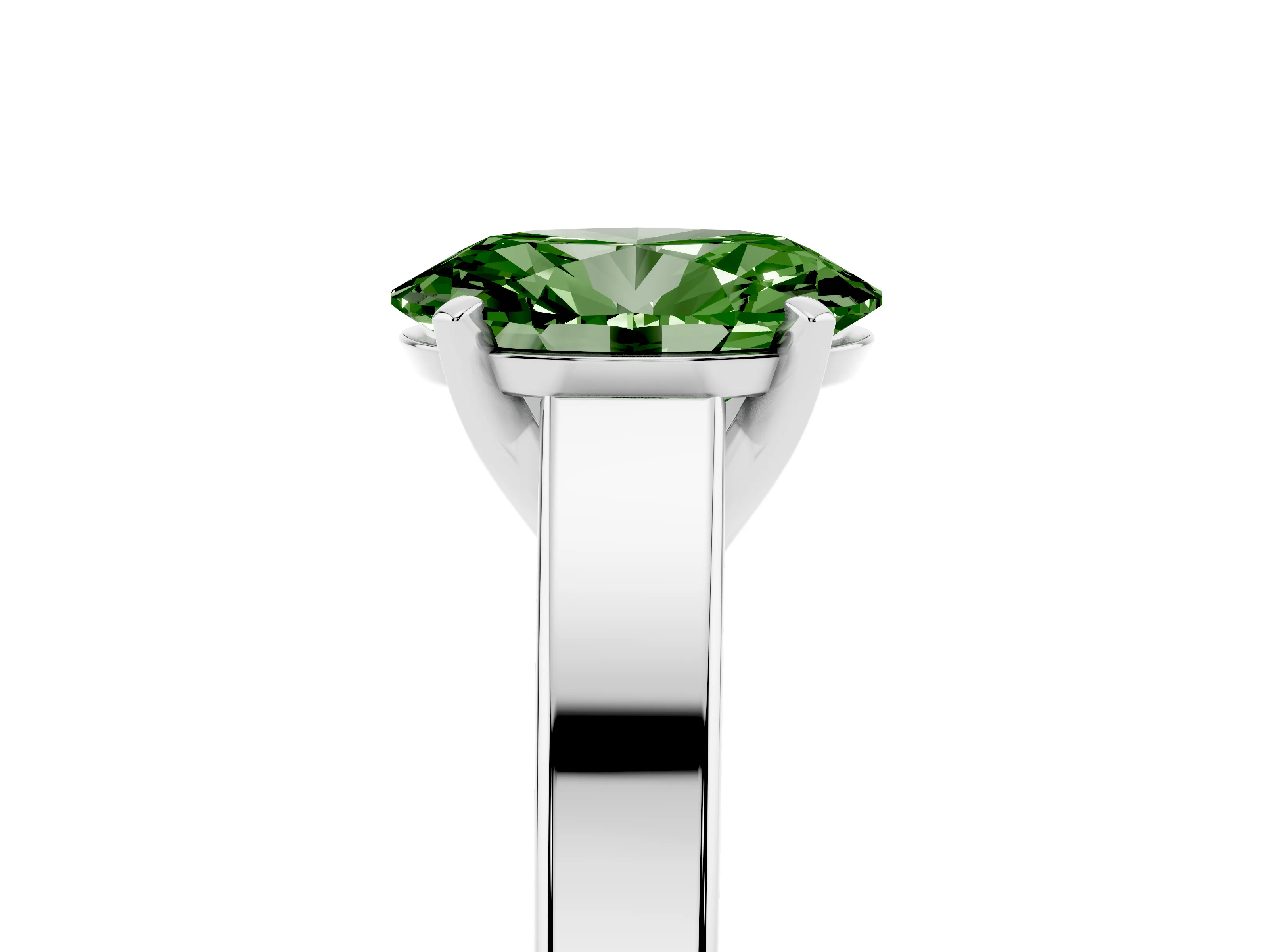 Fancy Green Oval Cut Diamond Solitaire Engagement Ring Set in White gold with Prong Setting and Tapered Band