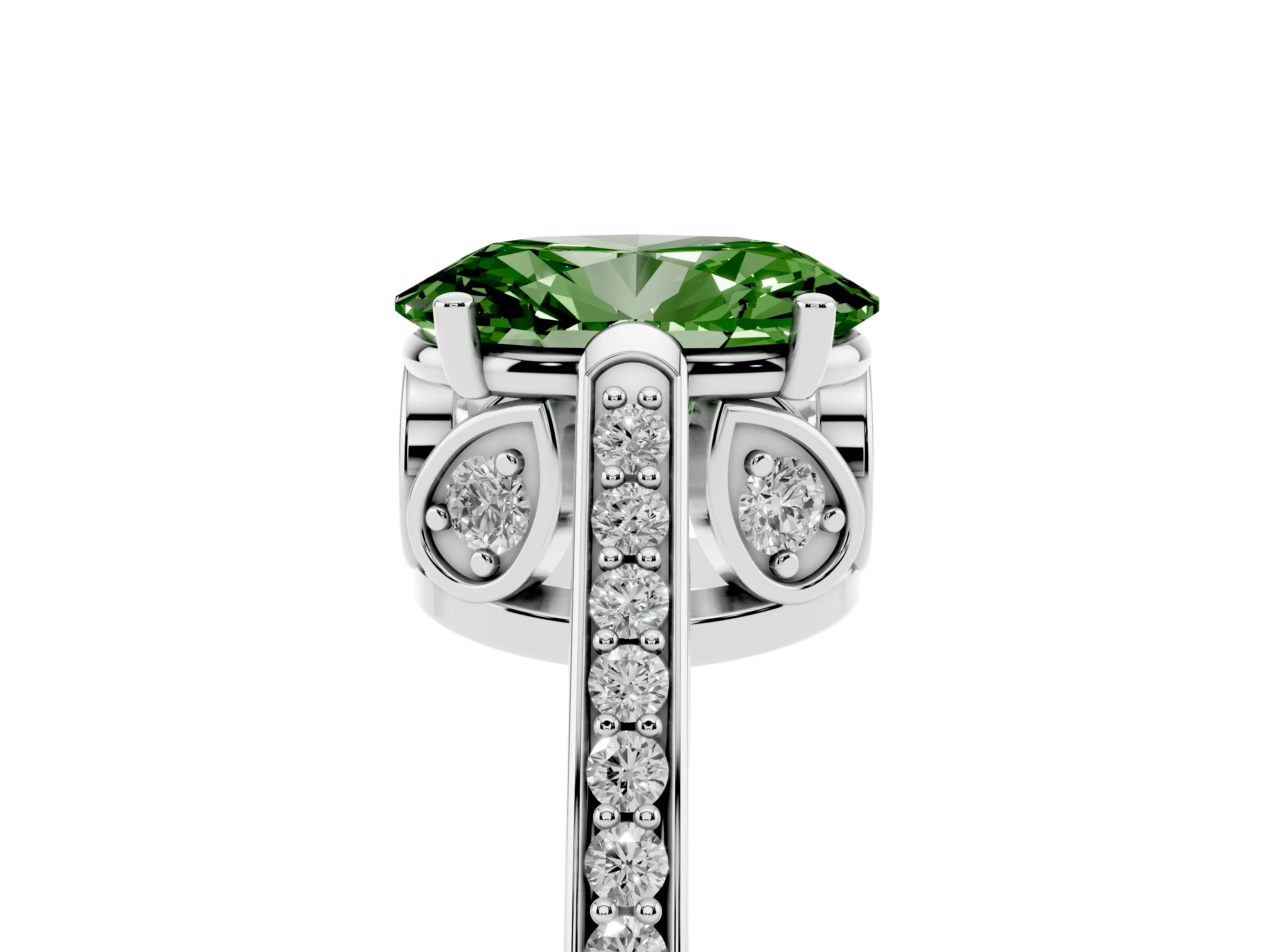 Fancy Green Oval Cut Diamond Cathedral Pavé Engagement Ring Set in Silver with Prong Setting