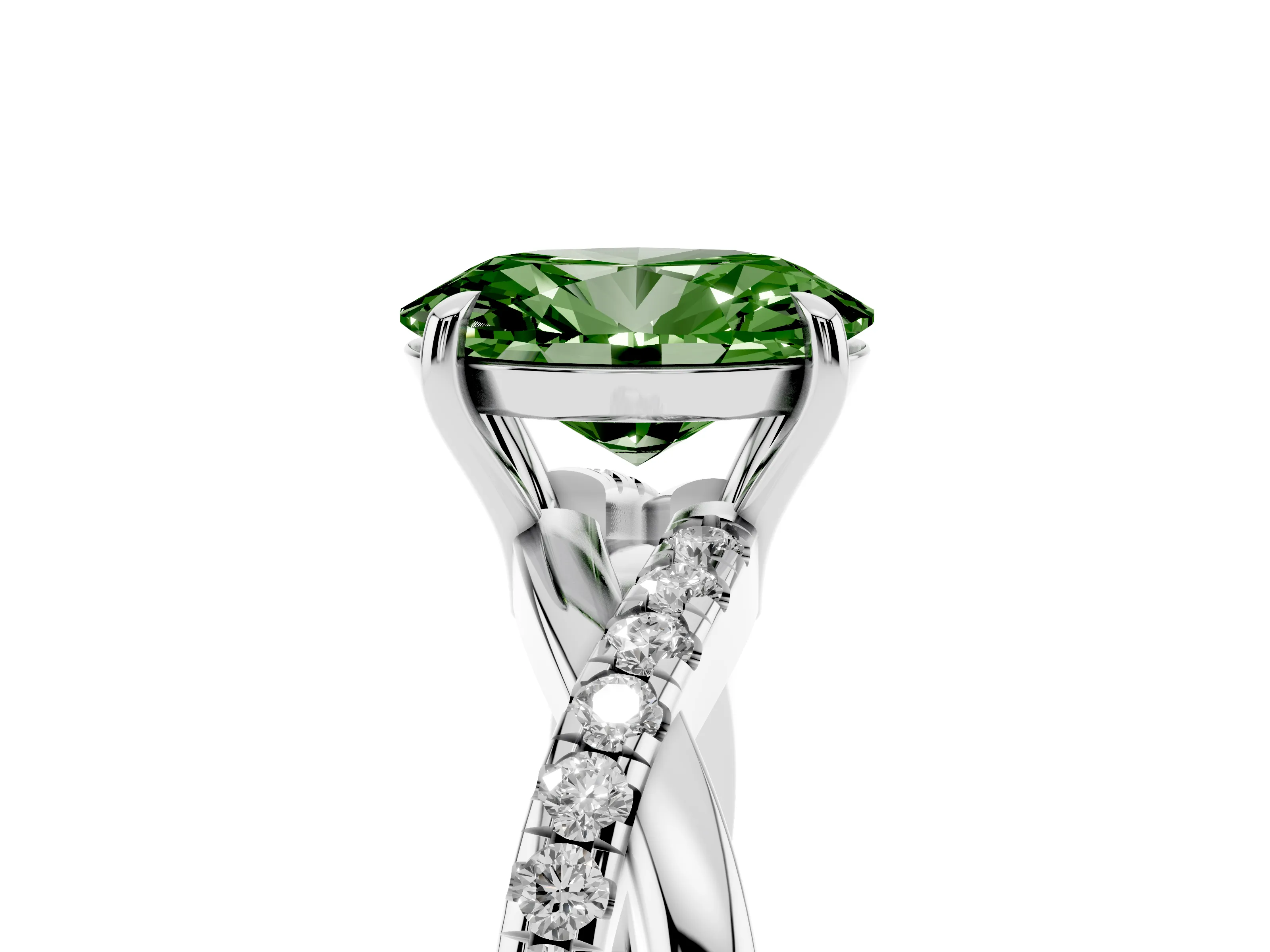 Fancy Green Oval Cut Diamond Twisted Pavé Band Ring Set in Silver with Prong Setting