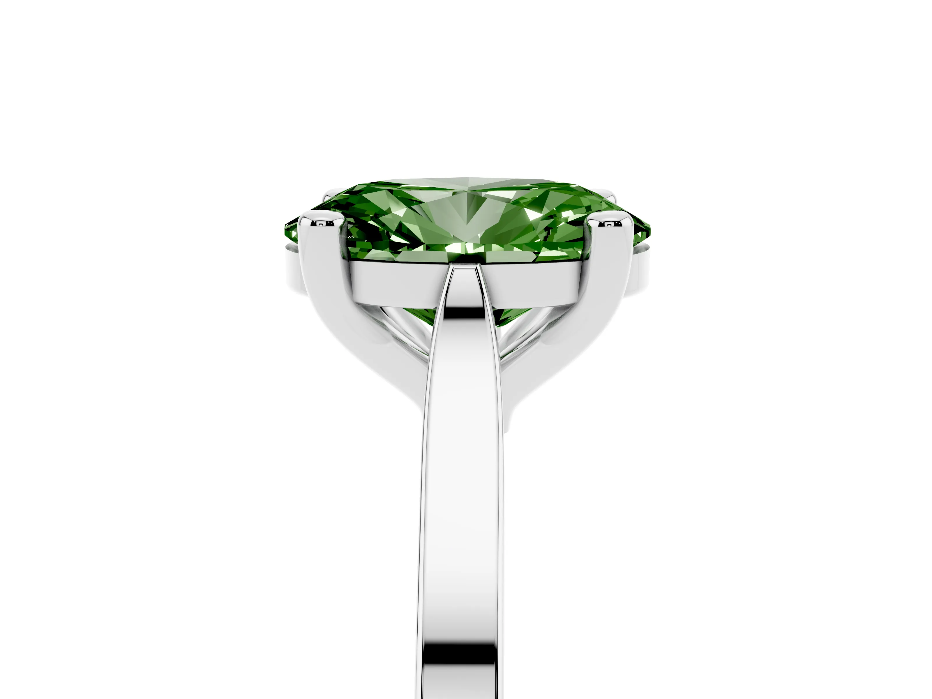 Fancy Green Oval Cut Diamond Solitaire Ring Set in Platinum with Prong Setting and Tapered Band