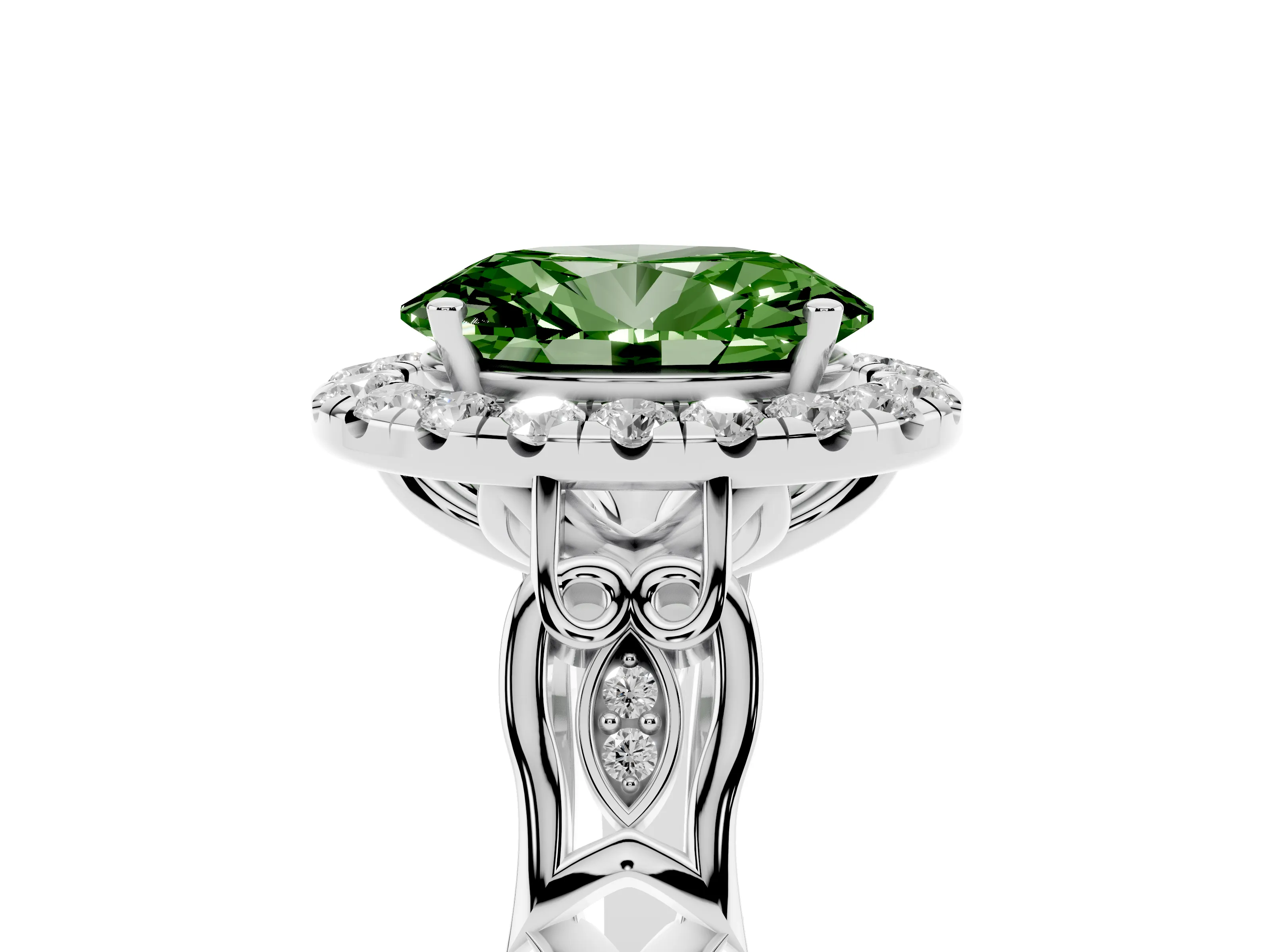 Fancy Green Oval Cut Diamond Halo Engagement Ring Set in Platinum with Filigree Band and Prong-Set Center