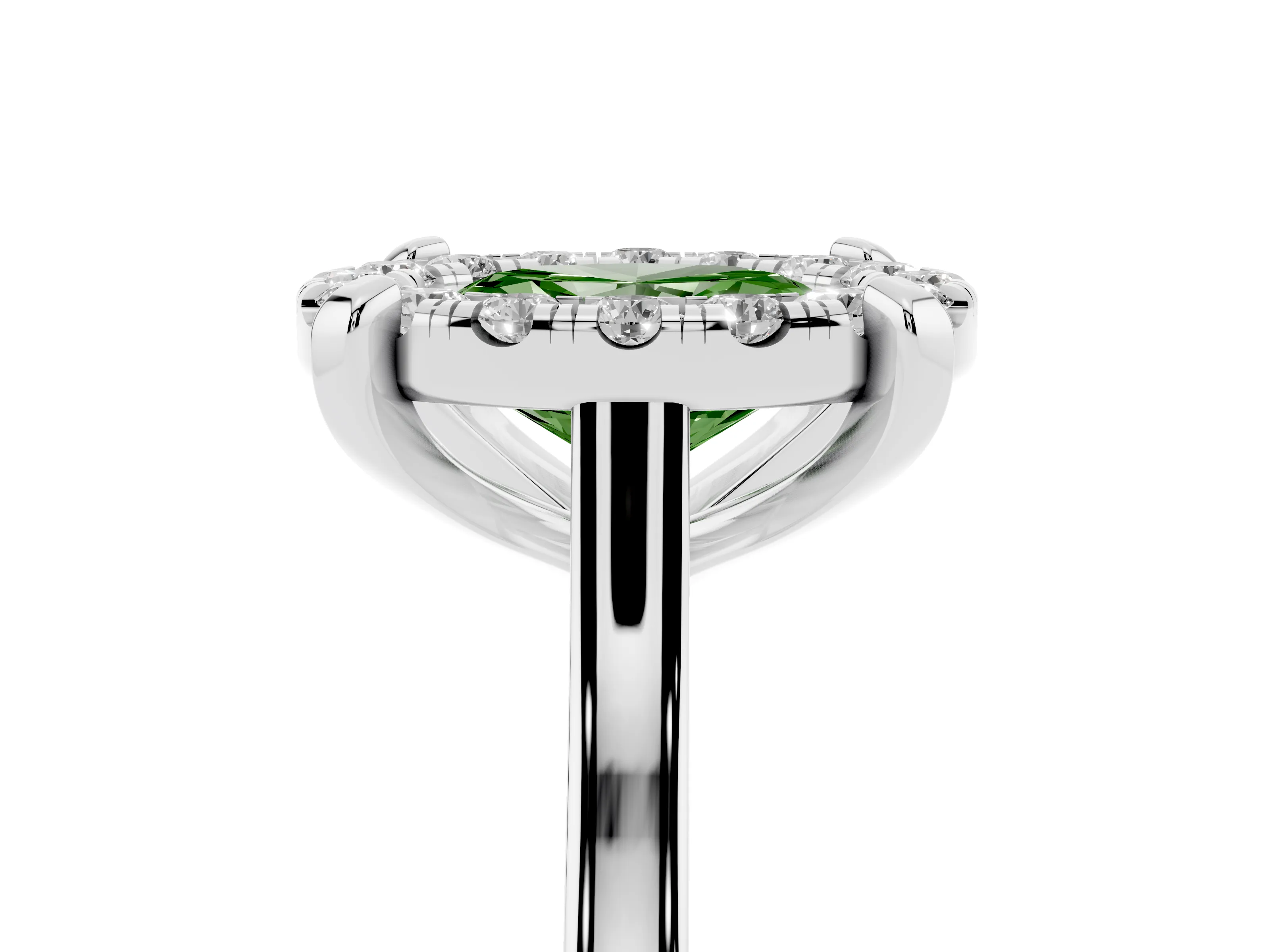 Fancy Green Oval Cut Diamond Cluster Halo Solitaire Ring Set in White gold with Prong Setting